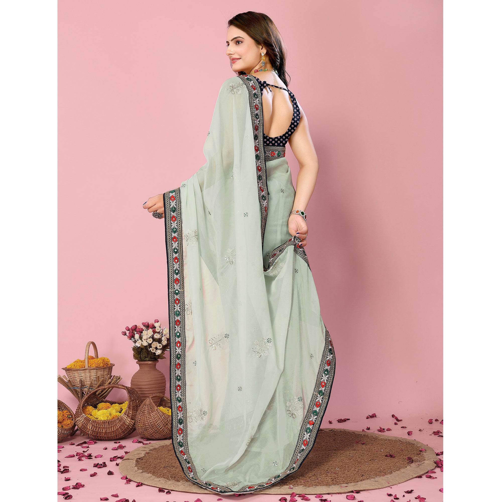 Sea Green Floral Sequins Embroidered Organza Saree