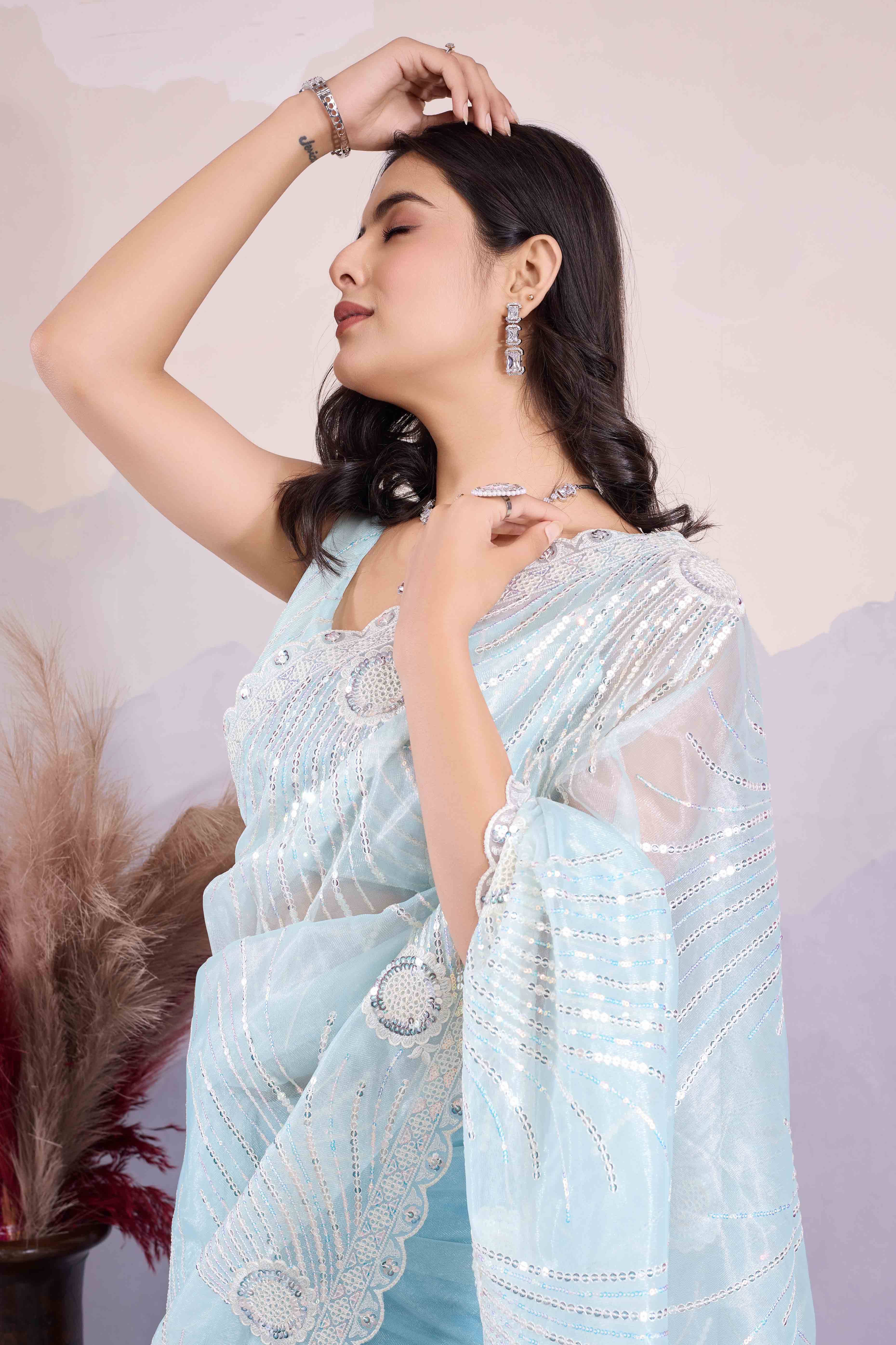 Blue Sequins Embroidered Twill Net Saree