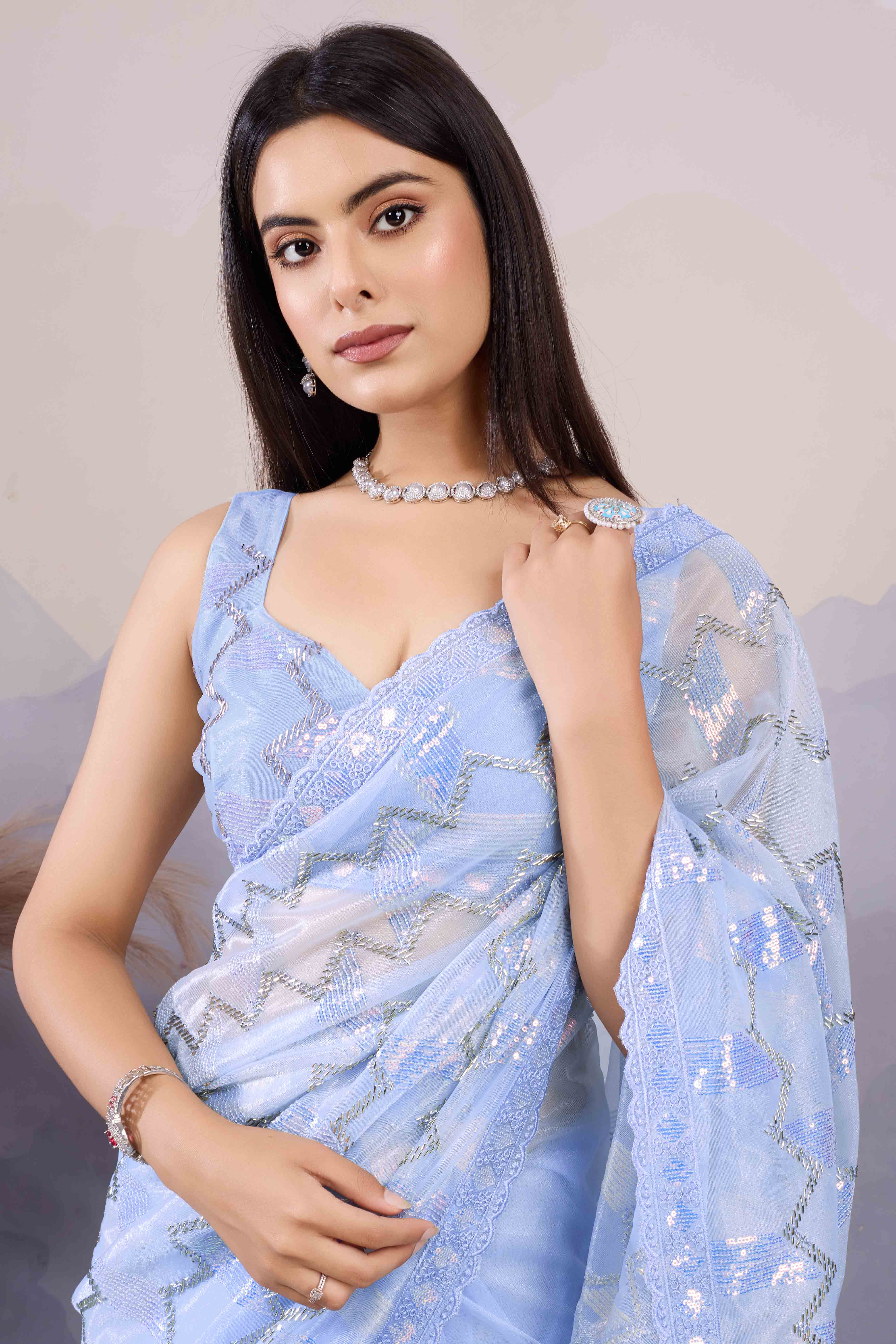 Blue Sequins Embroidered Twill Net Saree