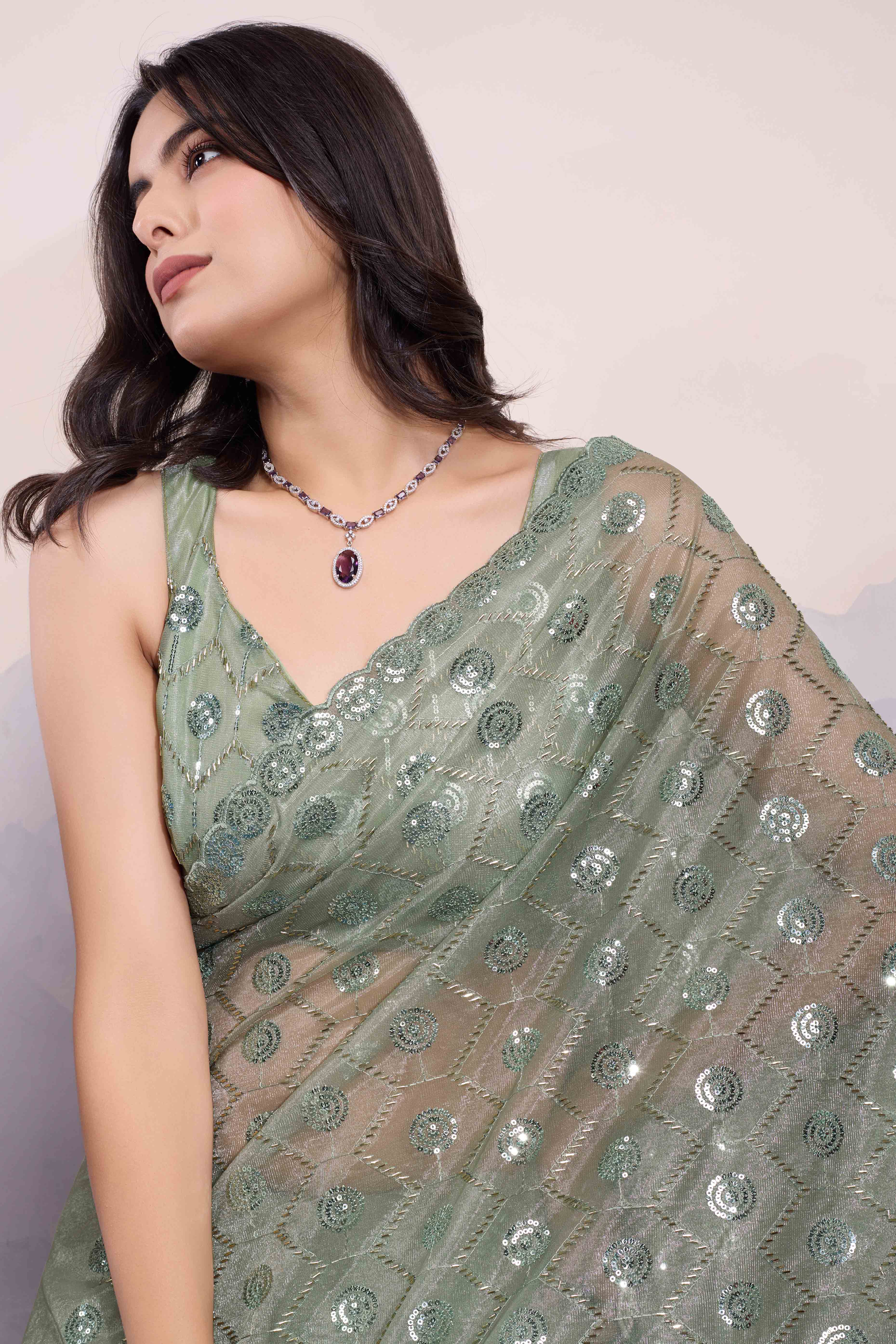 Green Sequins Embroidered Twill Net Saree