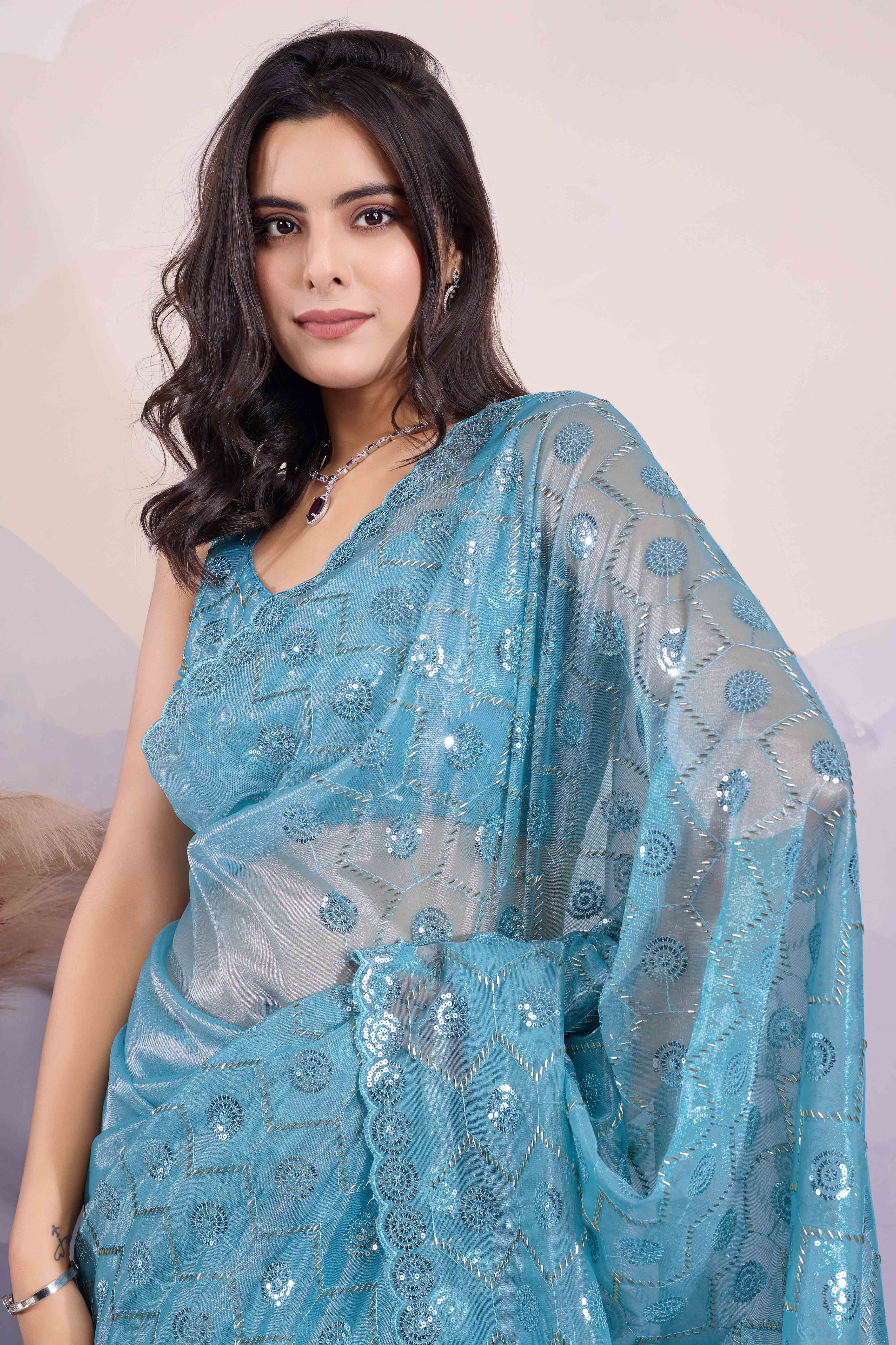 Blue Sequins Embroidered Twill Net Saree