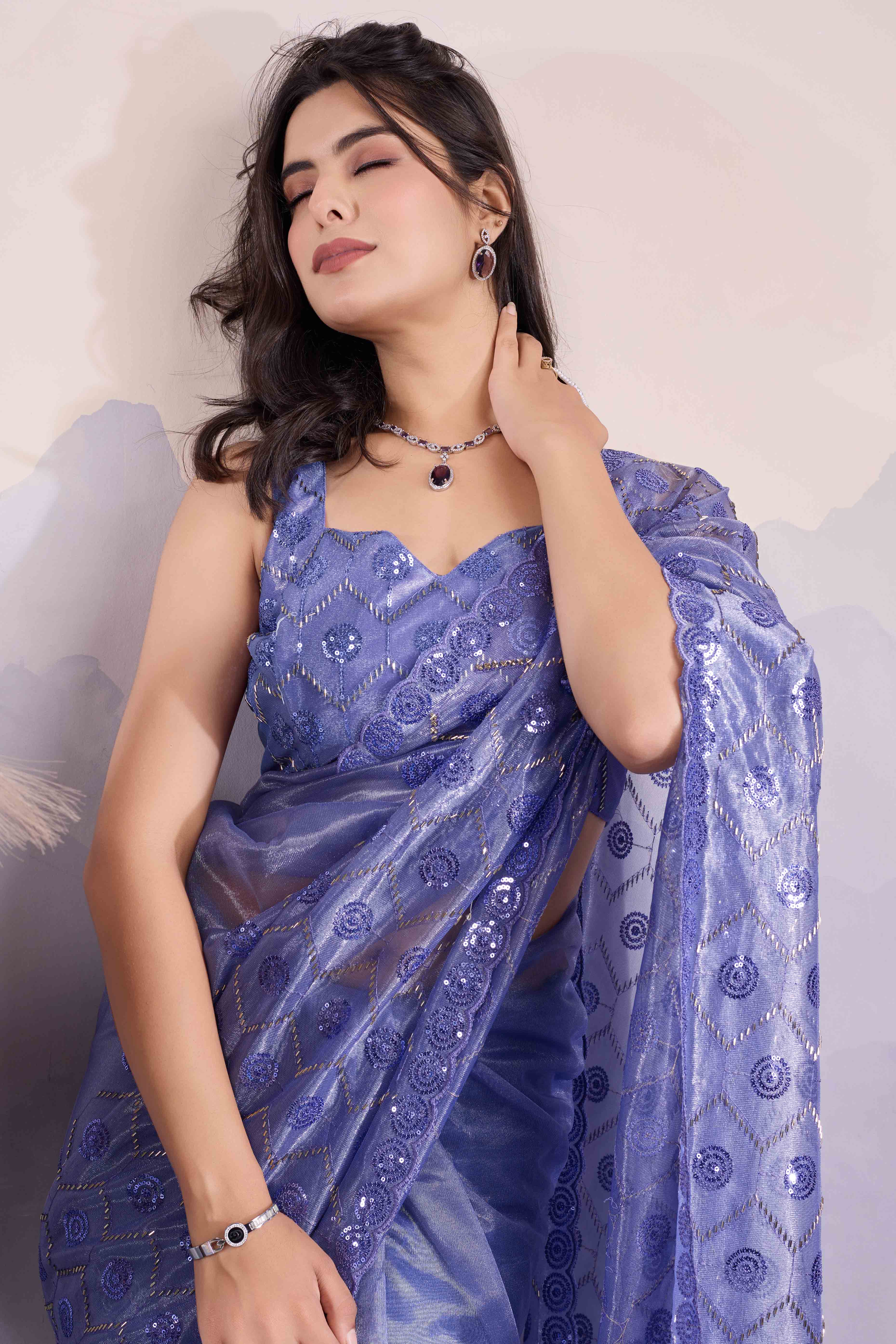 Light Slate Blue Sequins Embroidered Twill Net Saree