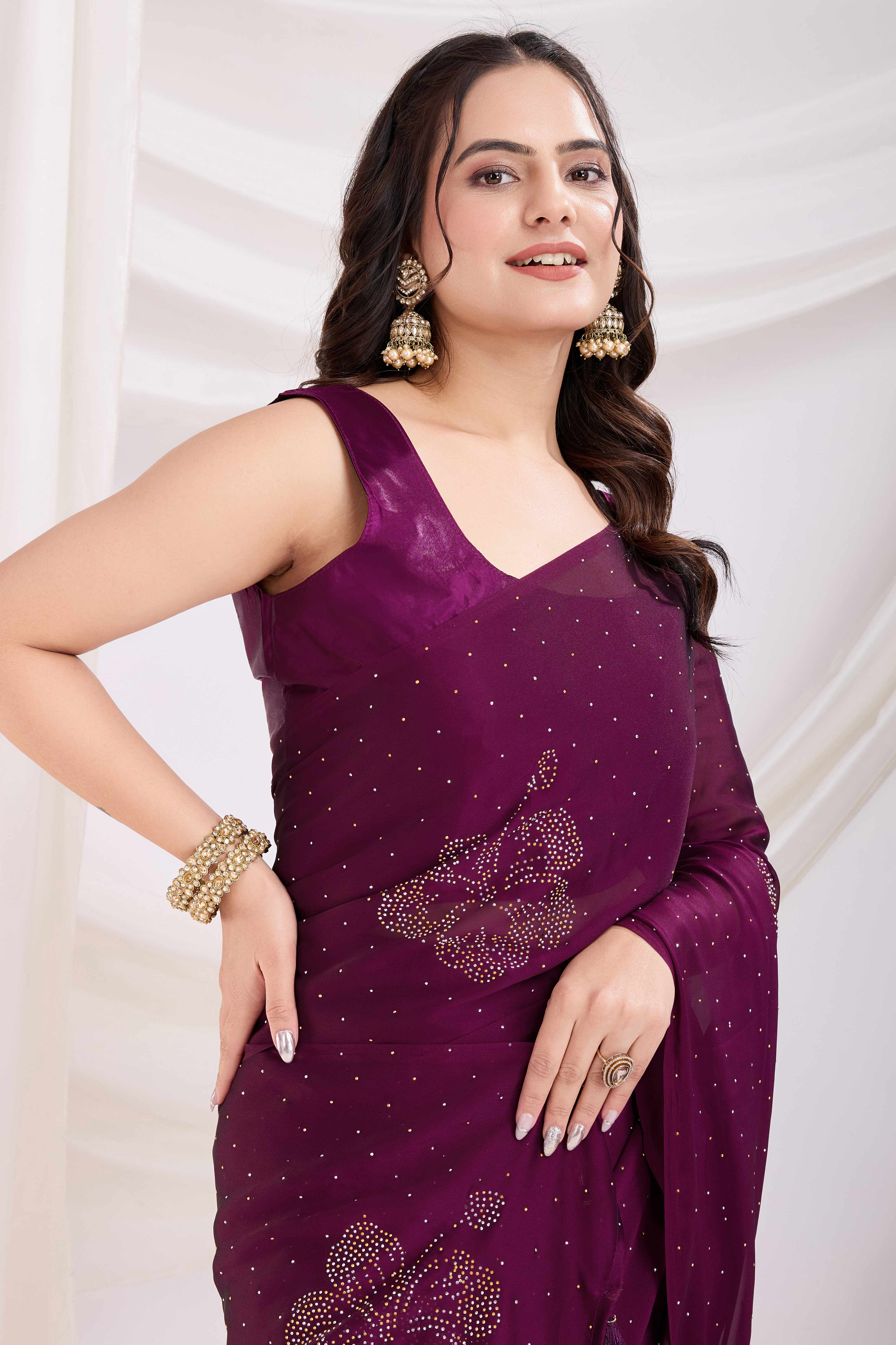 Purple Floral Swarovski Work Rangoli Art Silk Ready To Wear Saree