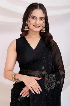 Black Floral Swarovski Work Rangoli Art Silk Ready To Wear Saree