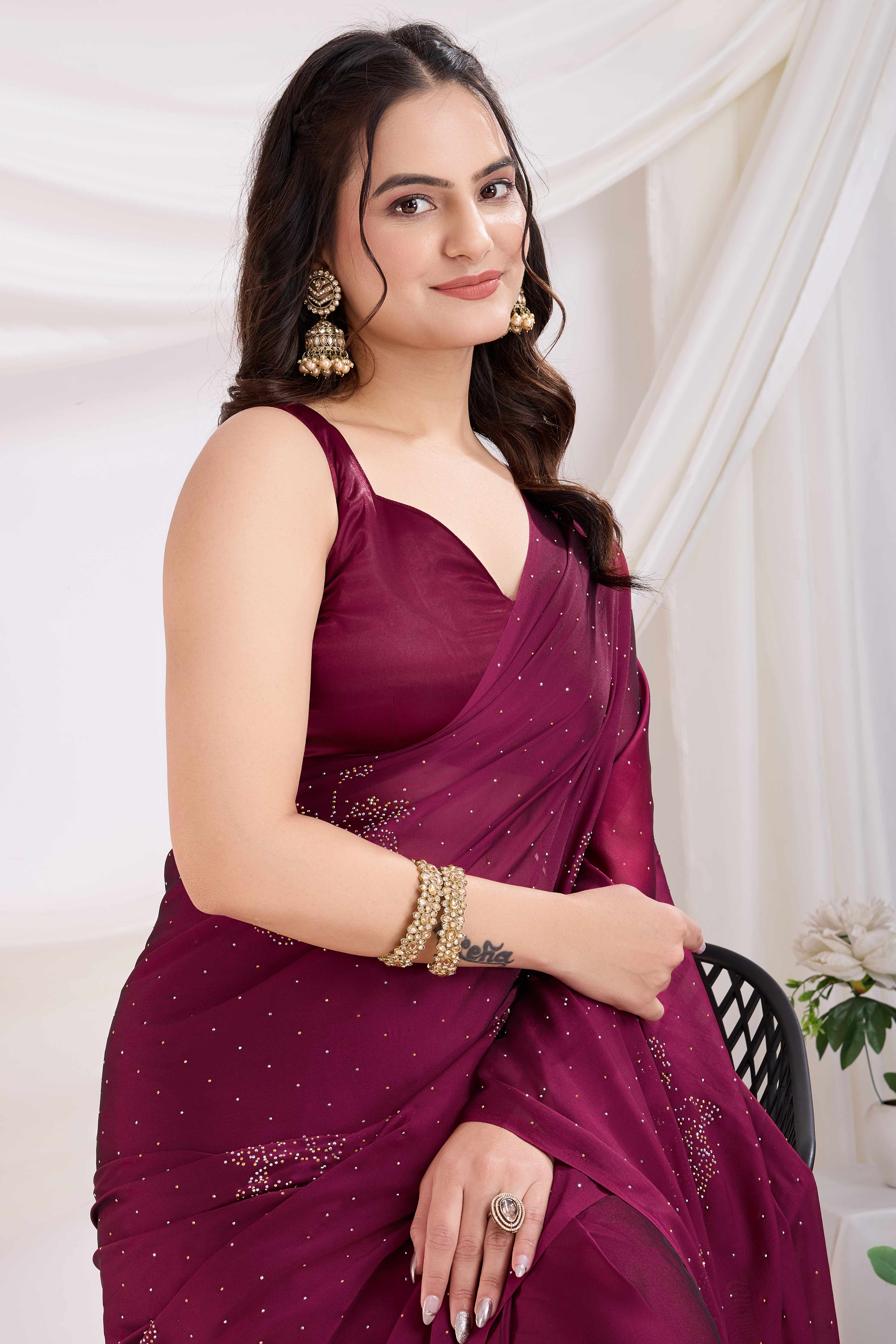 Wine Floral Swarovski Work Rangoli Art Silk Ready To Wear Saree