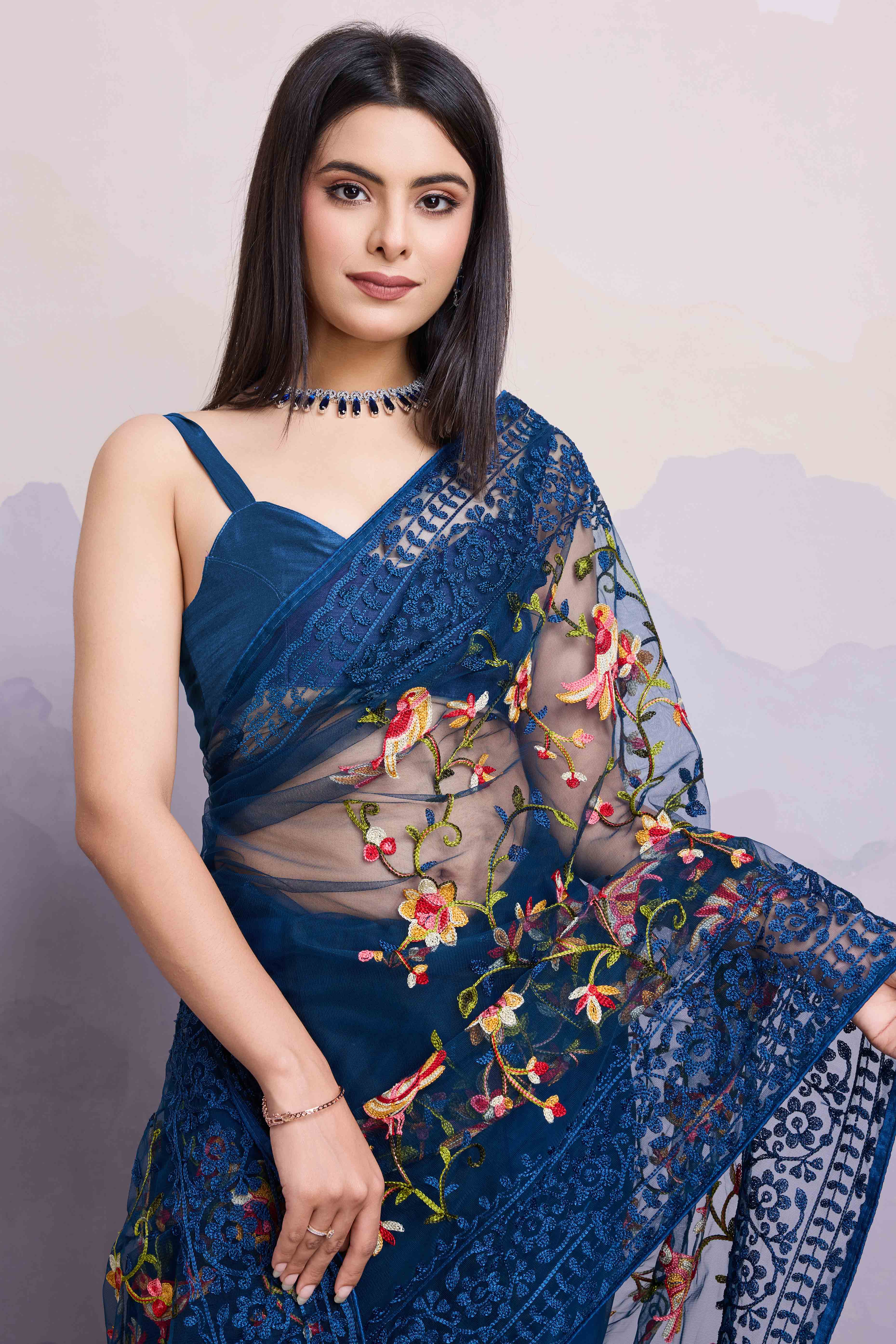 Navy Blue Floral Embroidered Net Saree