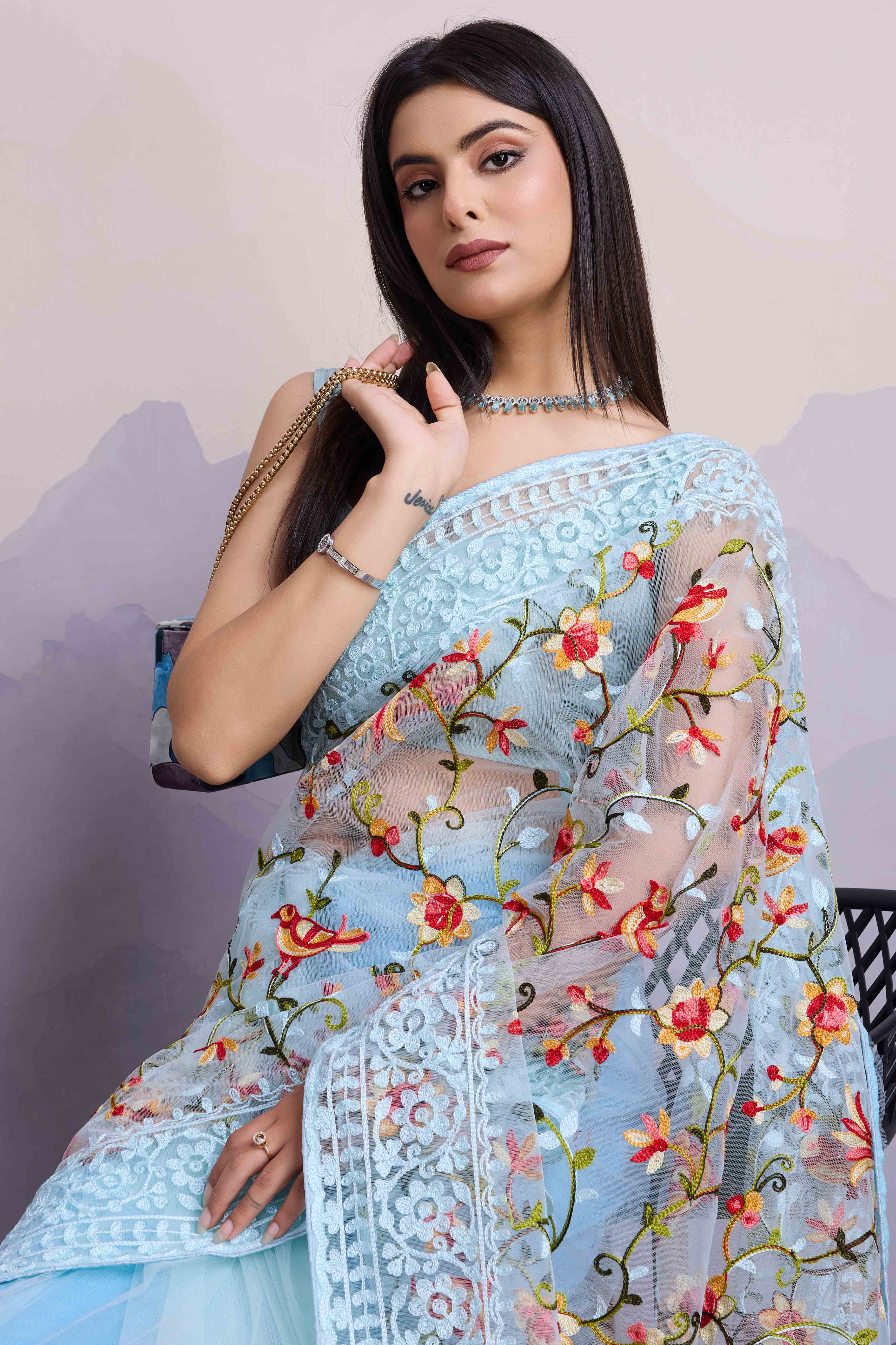 Sky Blue Floral Embroidered Net Saree