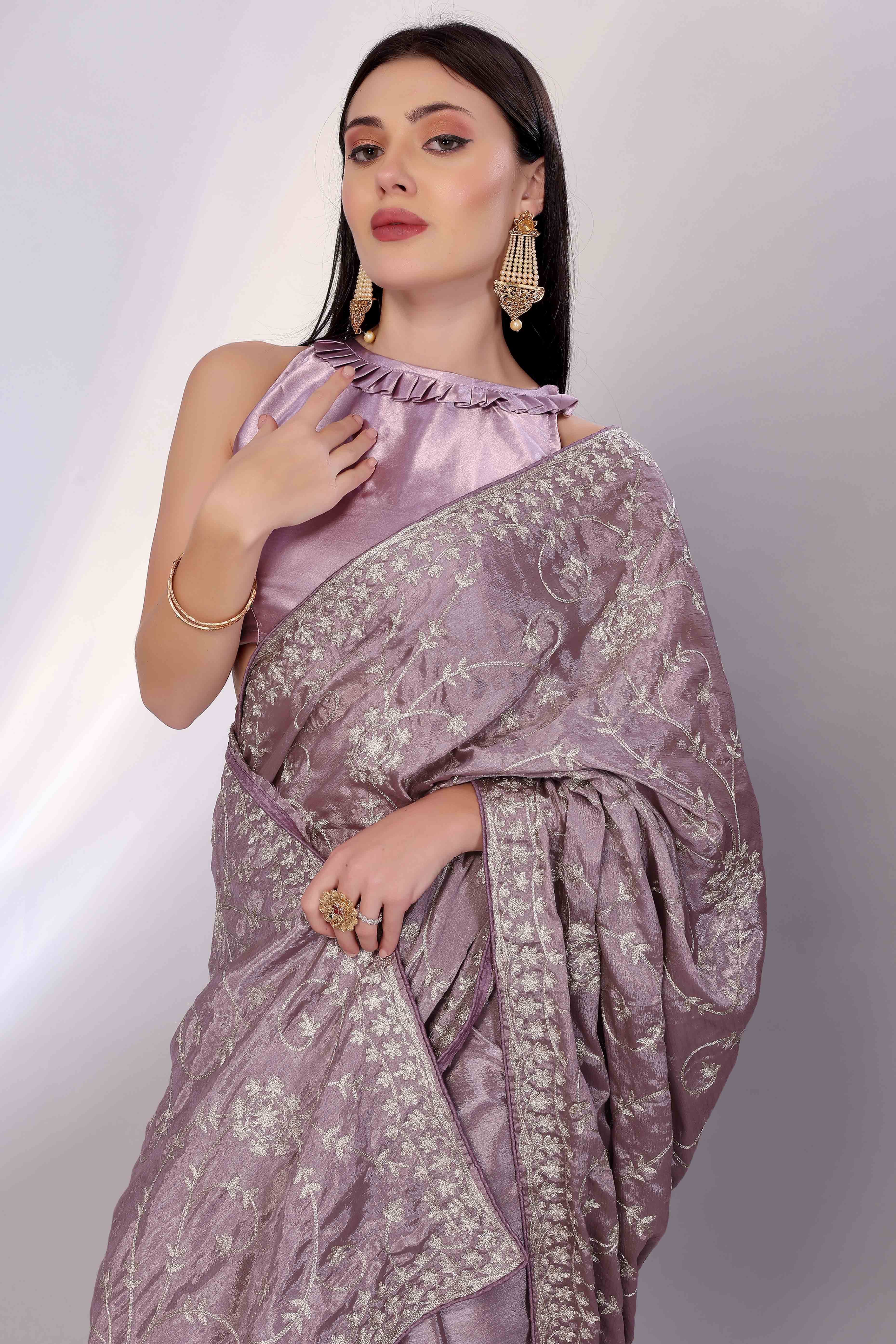 Lavender Chinon Silk Saree Adorned With Fine Floral Thread Work