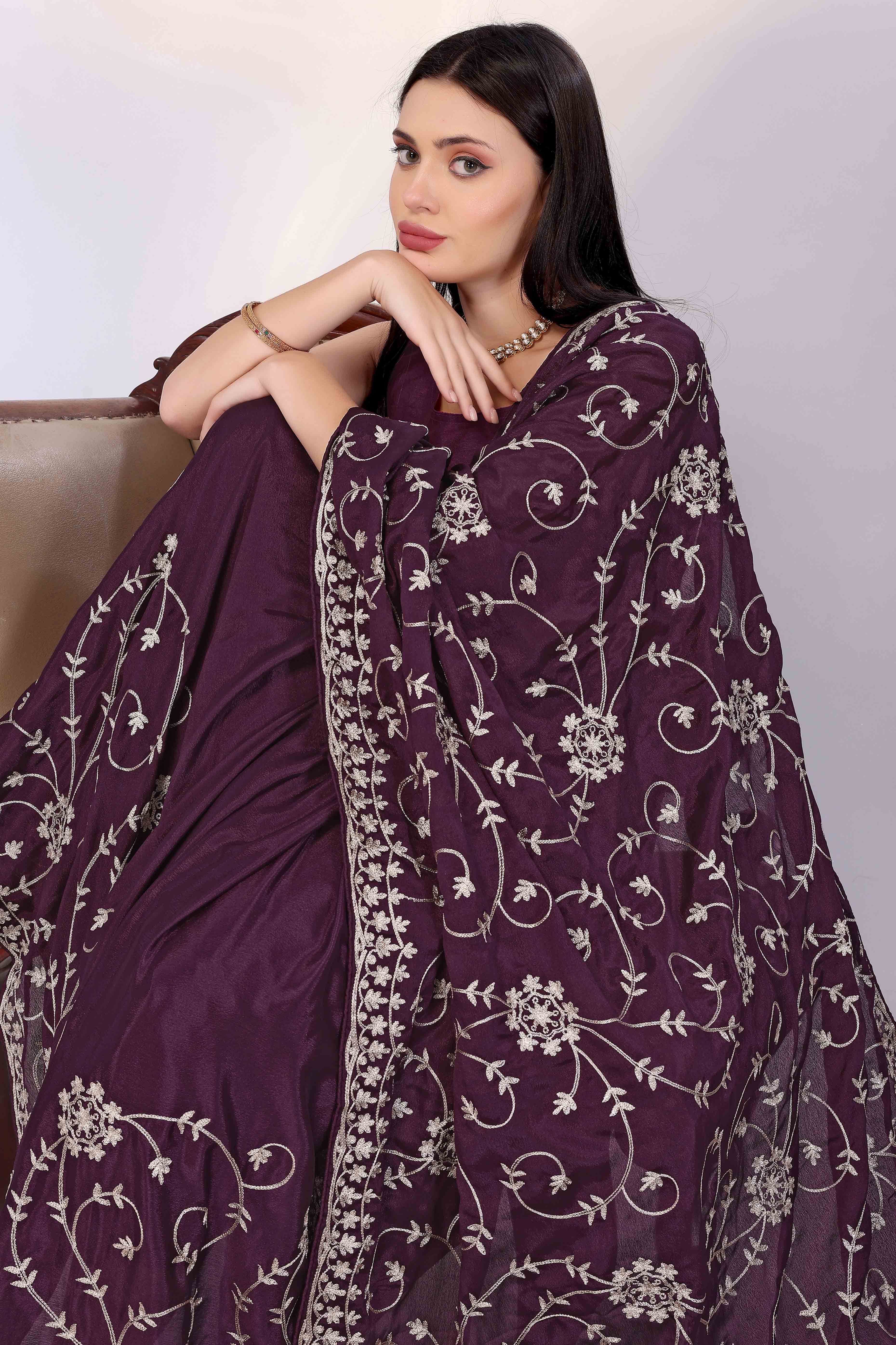 Wine Chinon Silk Saree Adorned With Fine Floral Thread Work
