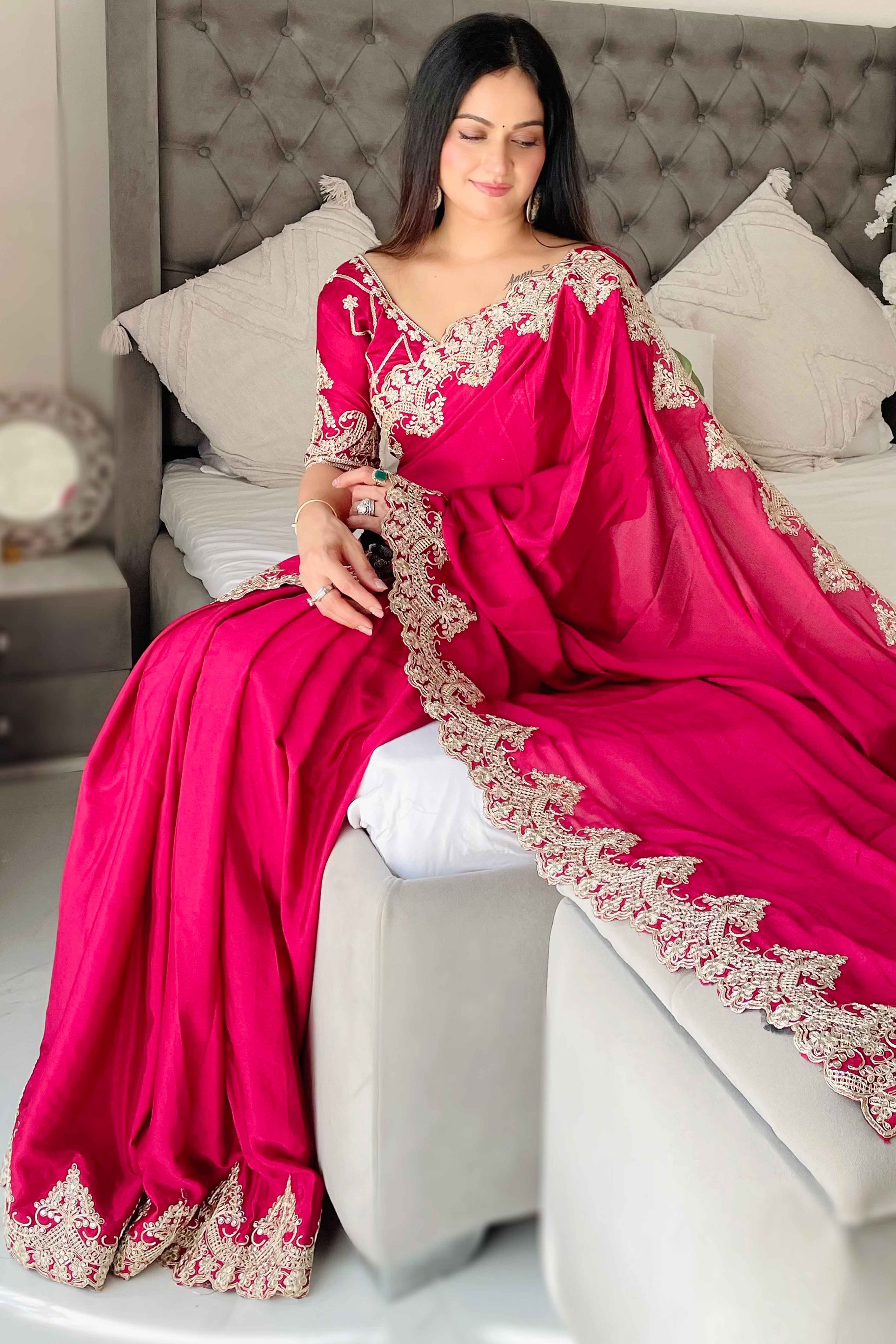 Pink Chinon Silk Blend Saree With Intricate Sequins & Cording Embroidery