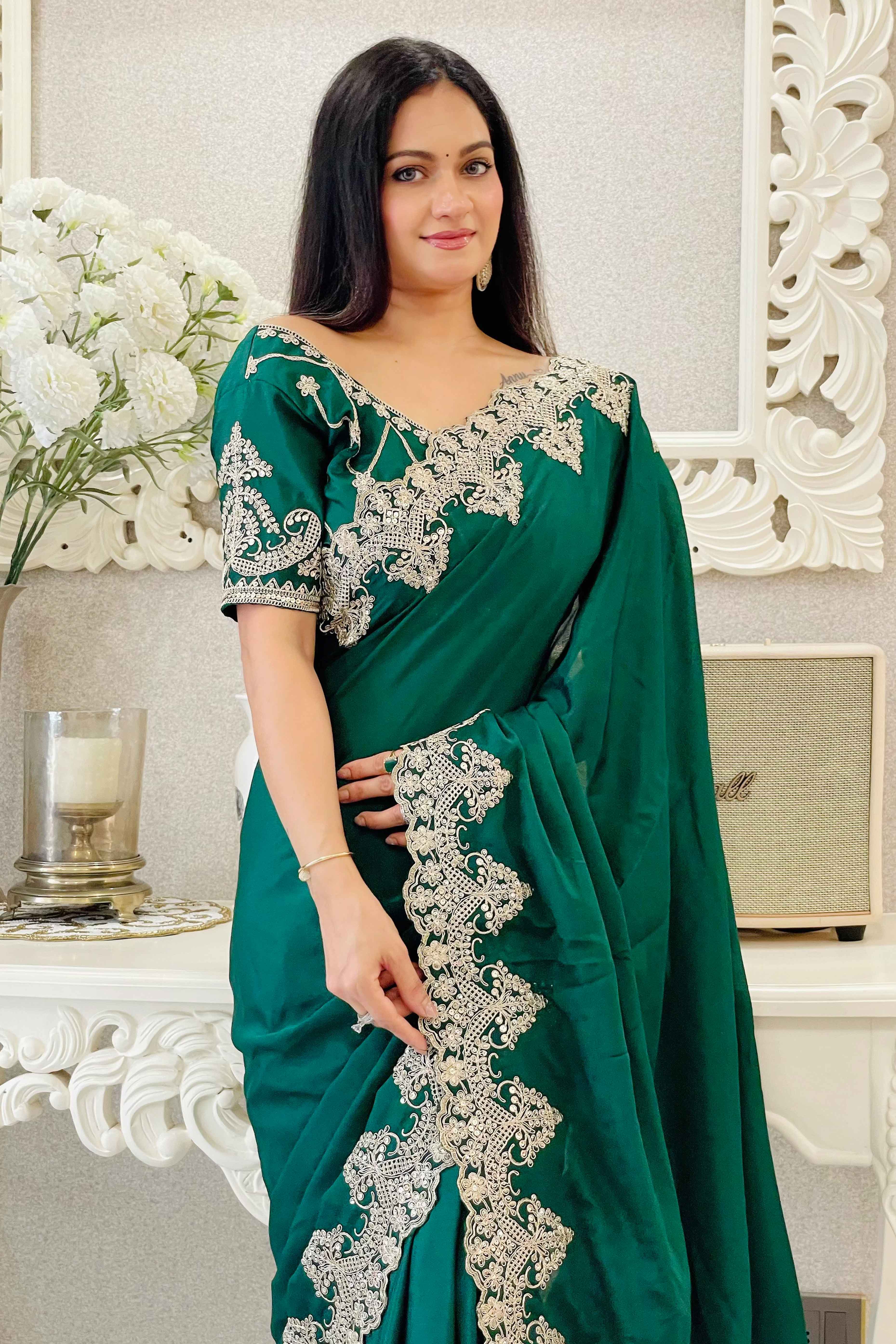 Green Chinon Silk Blend Saree With Intricate Sequins & Cording Embroidery