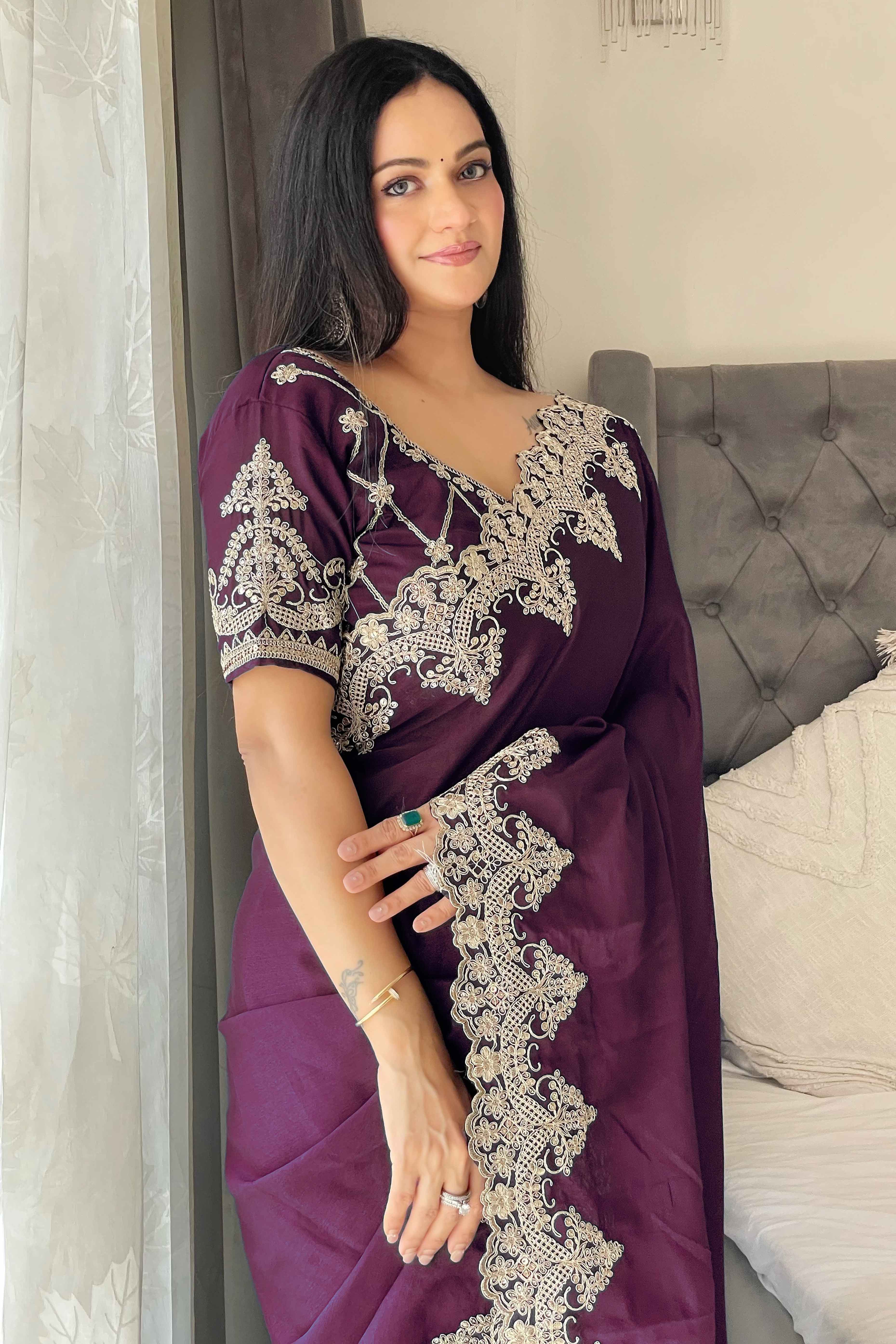 Wine Chinon Silk Blend Saree With Intricate Sequins & Cording Embroidery
