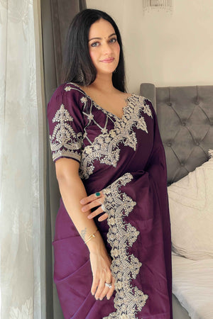 Wine Chinon Silk Blend Saree With Intricate Sequins & Cording Embroidery