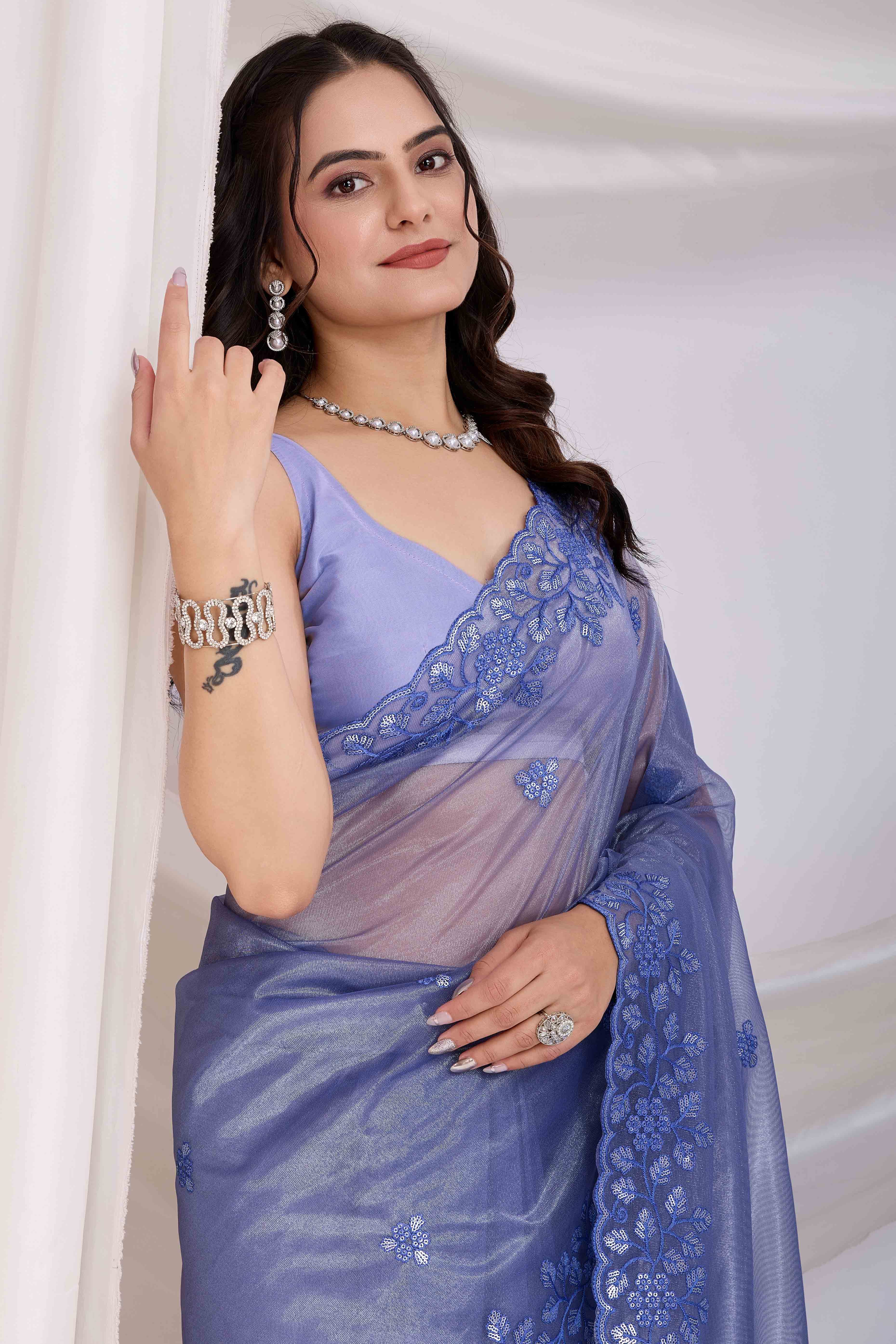 Periwinkle Blue Twill Net Saree Embellished With Sequin Floral Embroidery