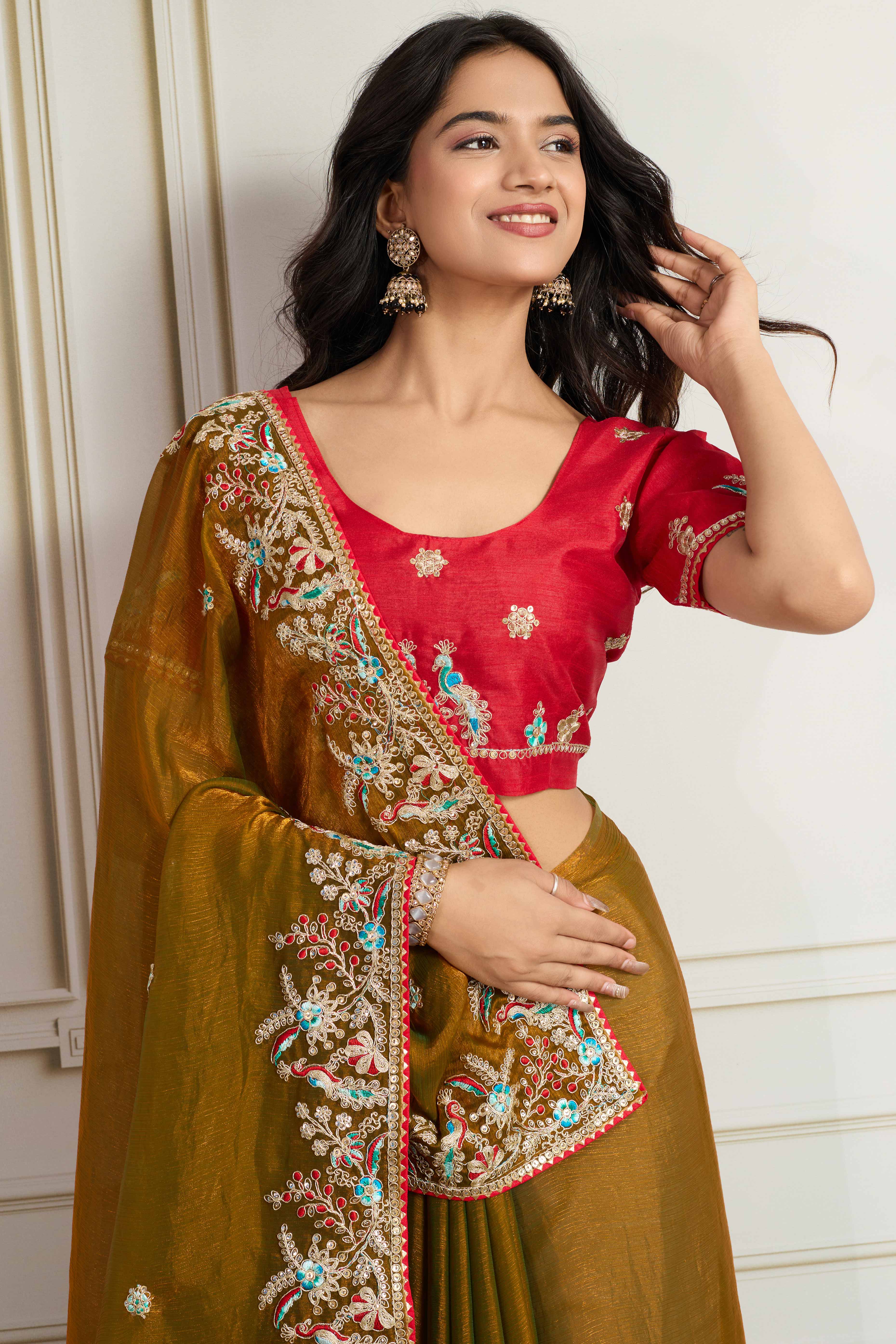 Olive Fancy Chiffon Partywear Saree with Intricate Sequins & Thread Embroidery