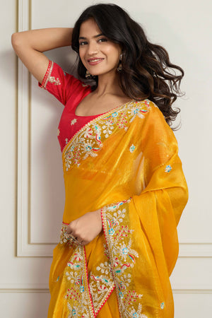 Mustard Fancy Chiffon Partywear Saree with Intricate Sequins & Thread Embroidery