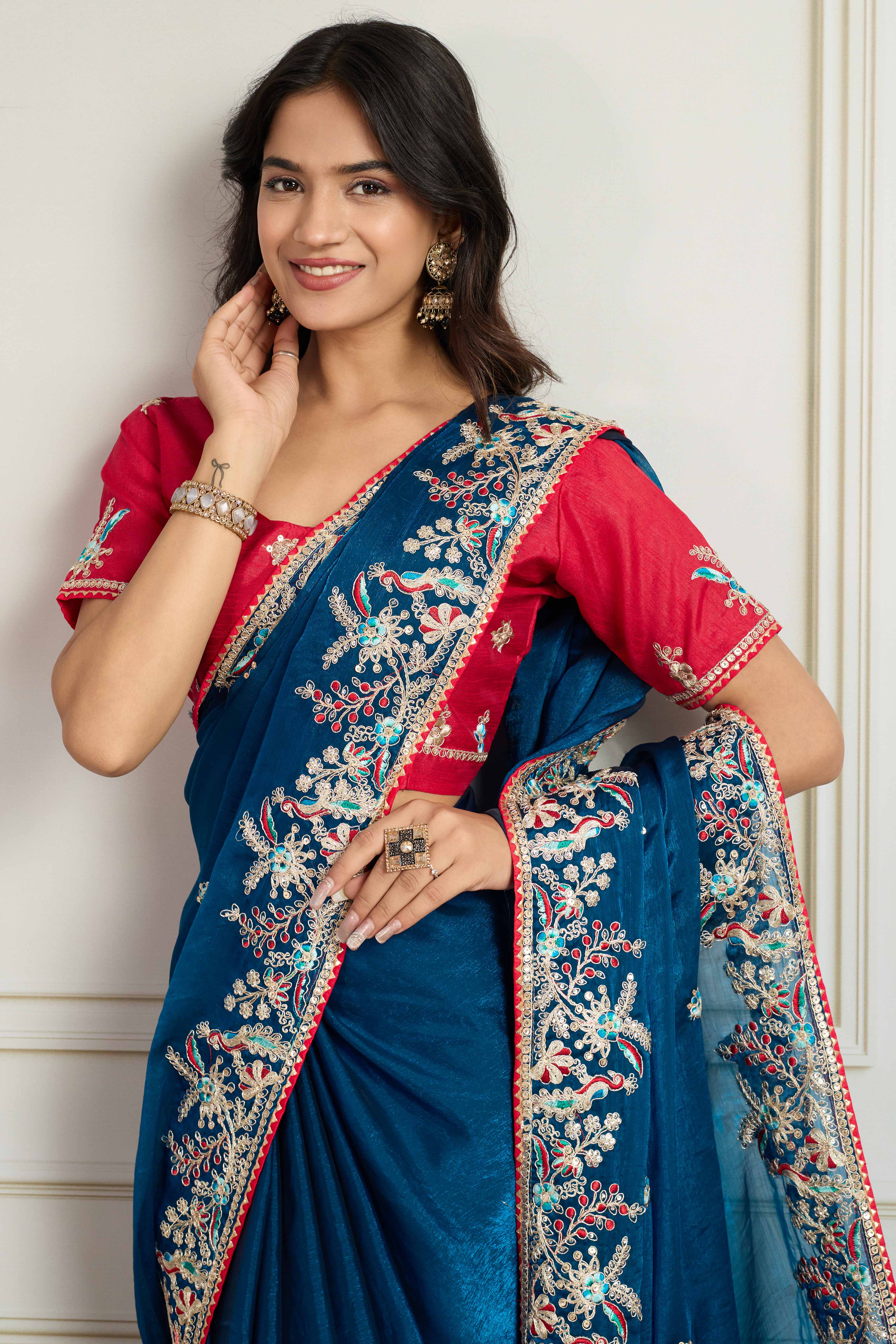 Teal Fancy Chiffon Partywear Saree with Intricate Sequins & Thread Embroidery