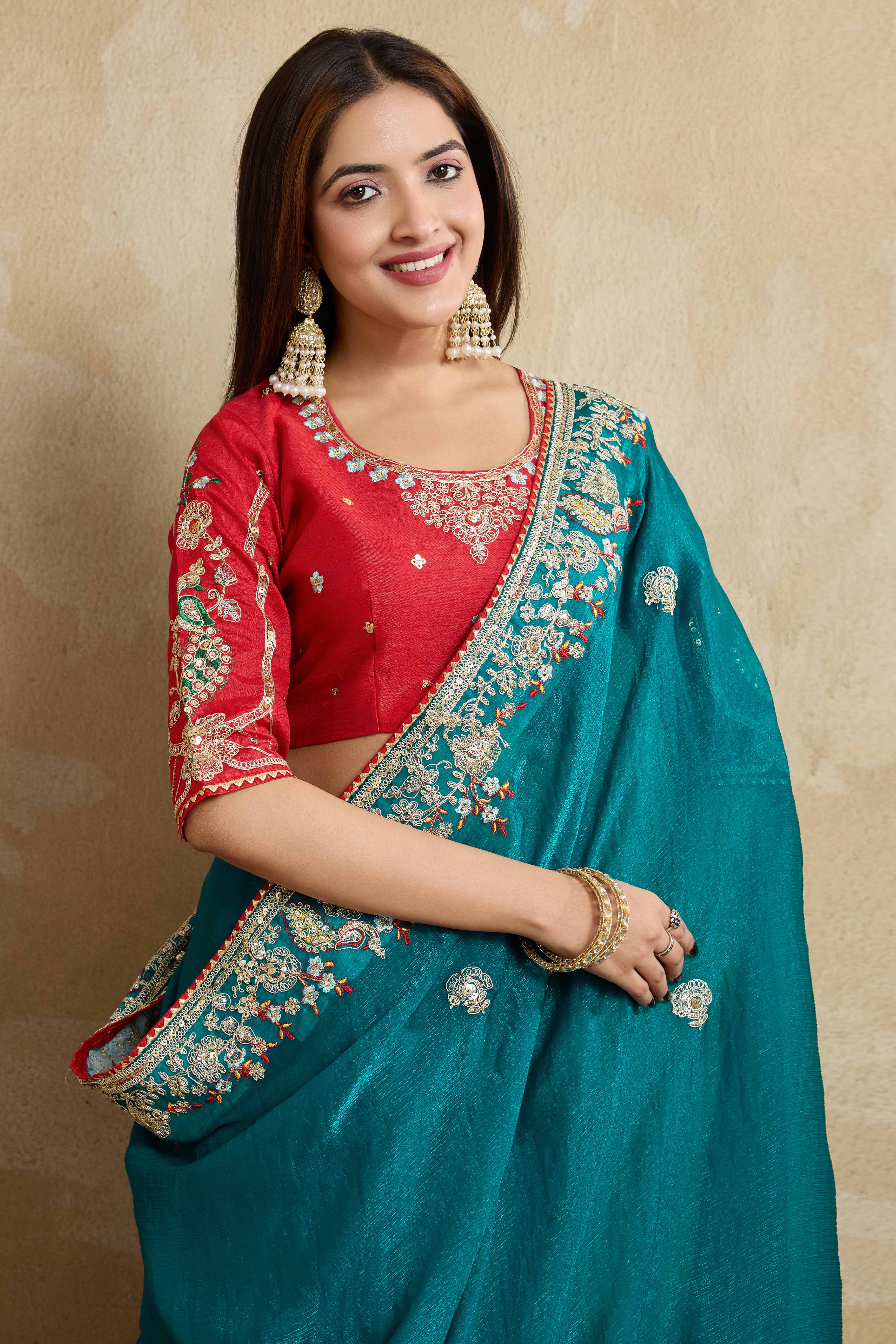Rama Blue Chiffon Saree With intricate Floral Cording Embroidery & Shimmering Sequins Work