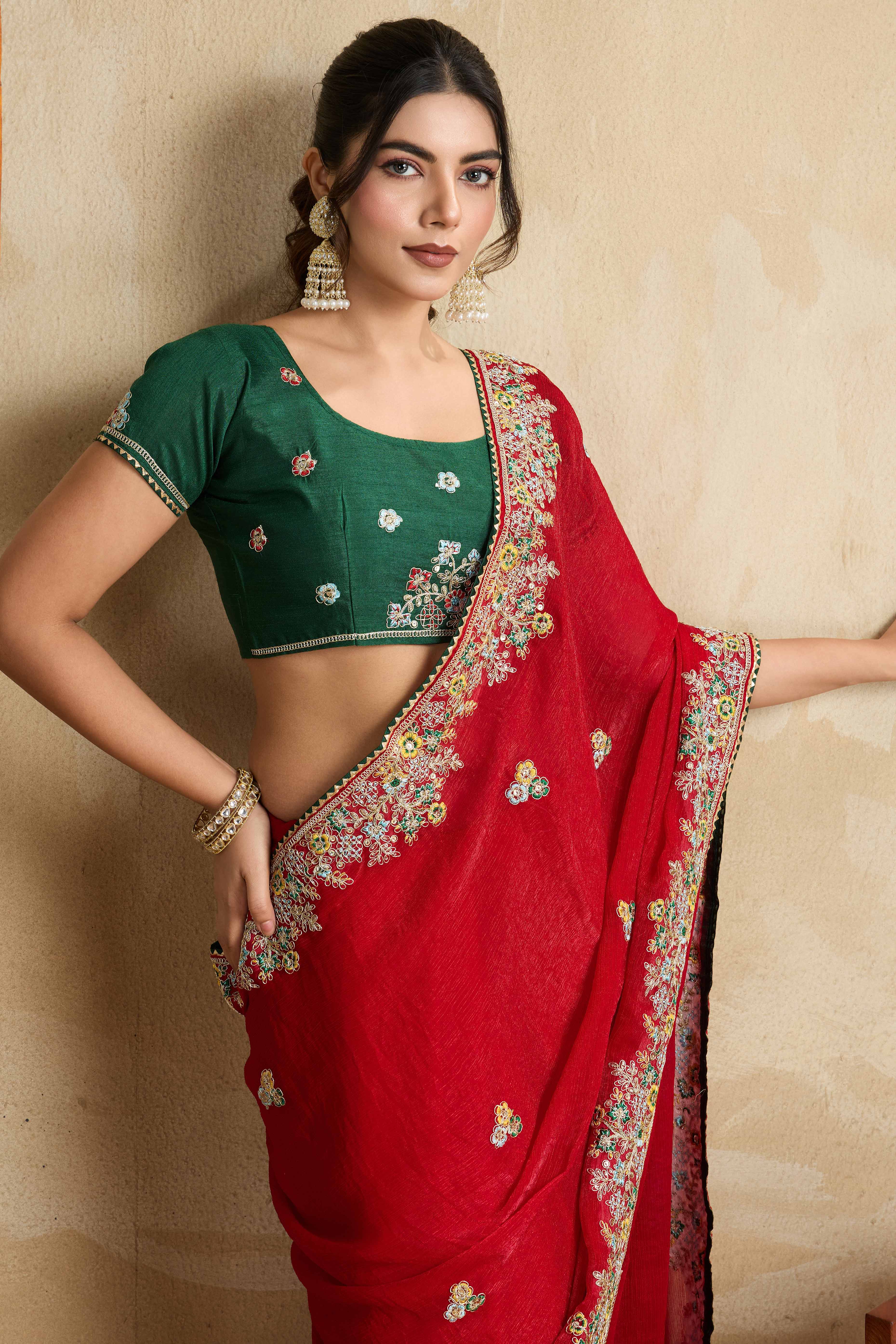 Luxe Frendy Chiffon Saree in Bold Red with Delicate Floral Embroidery