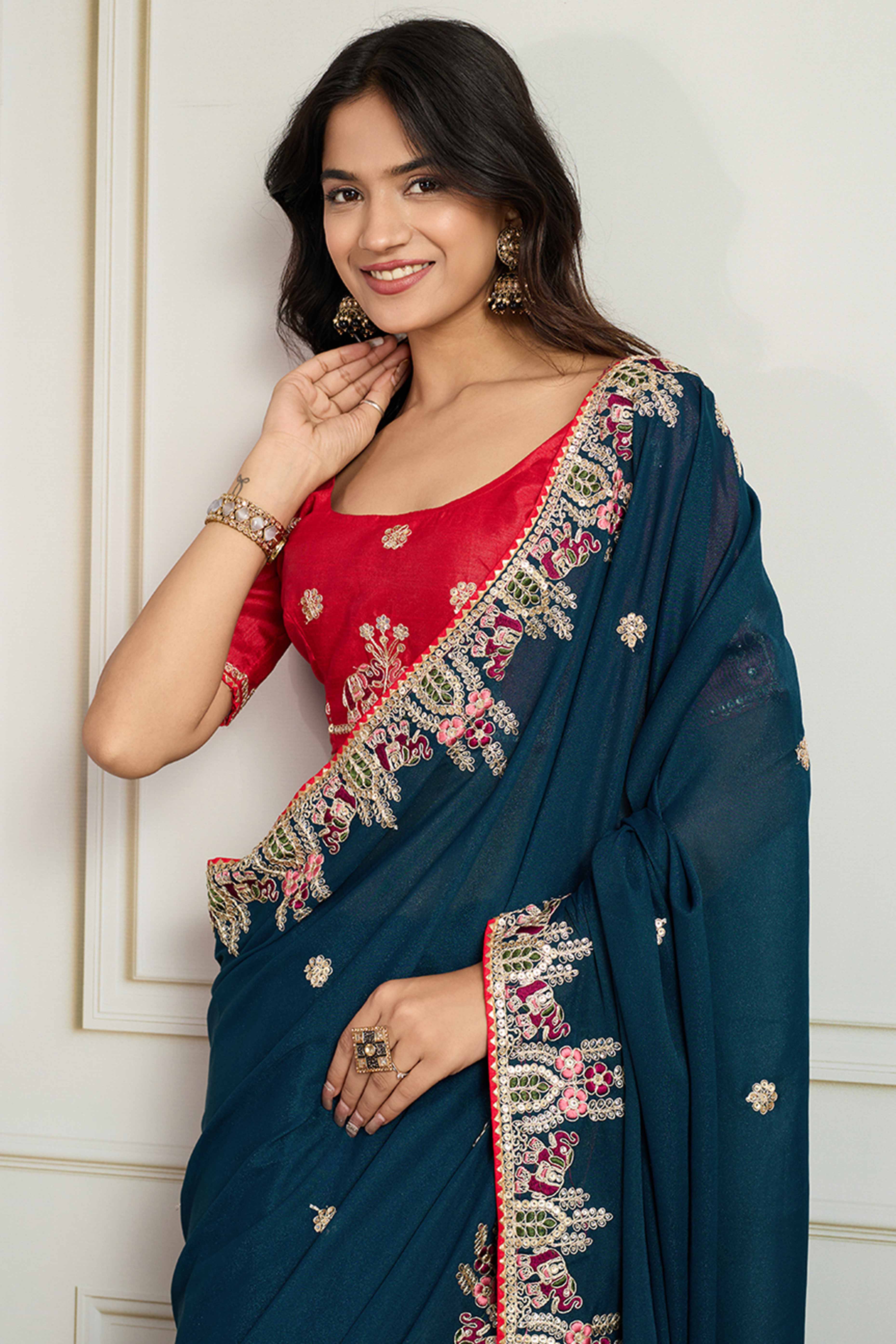 Dark Teal Blue Georgette Saree Featuring Floral Cording Embroidery & Shimmering Sequins Work