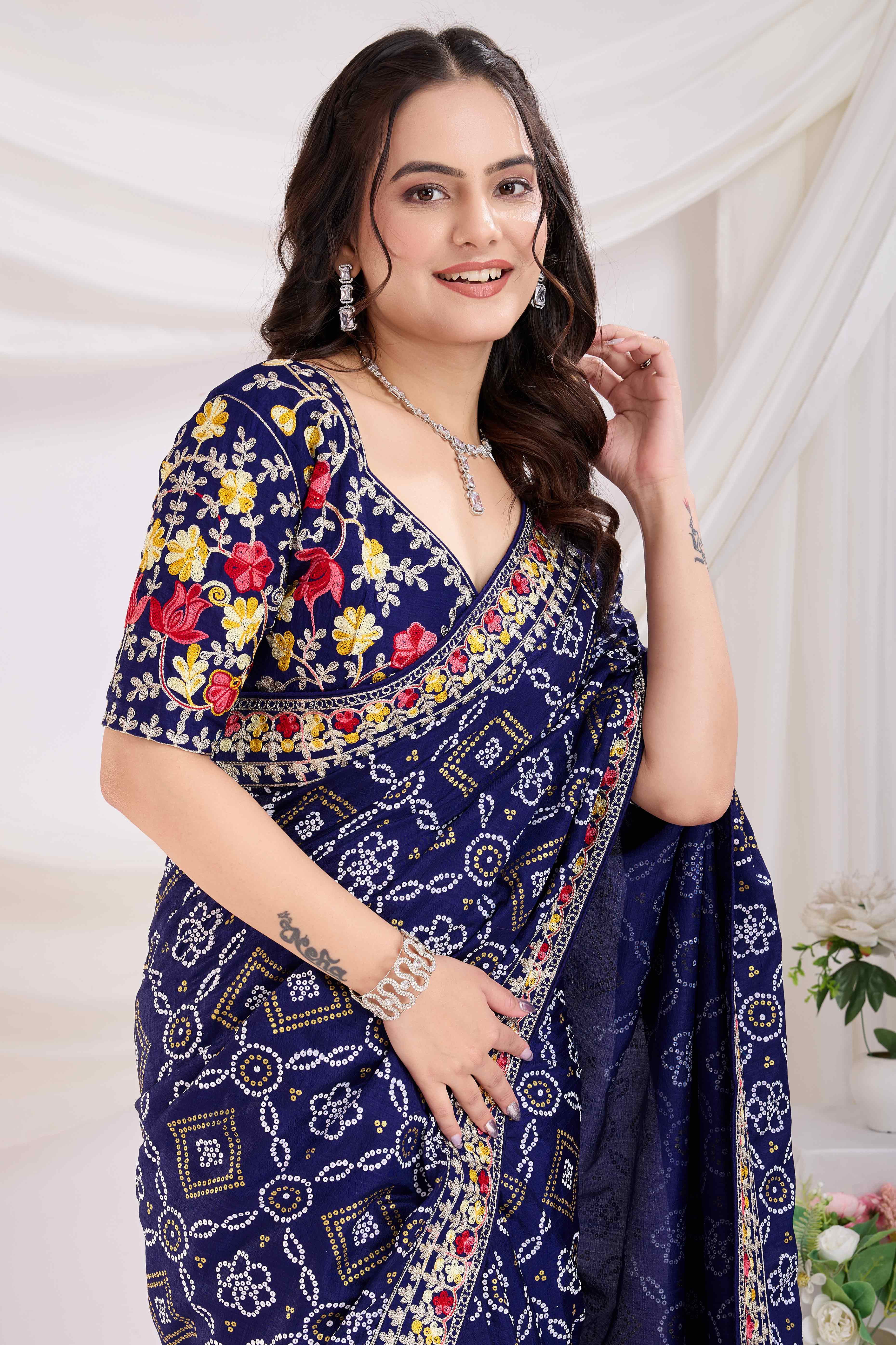 Navy Blue Bandhani Printed Vichitra Silk Saree With Embroidery Border