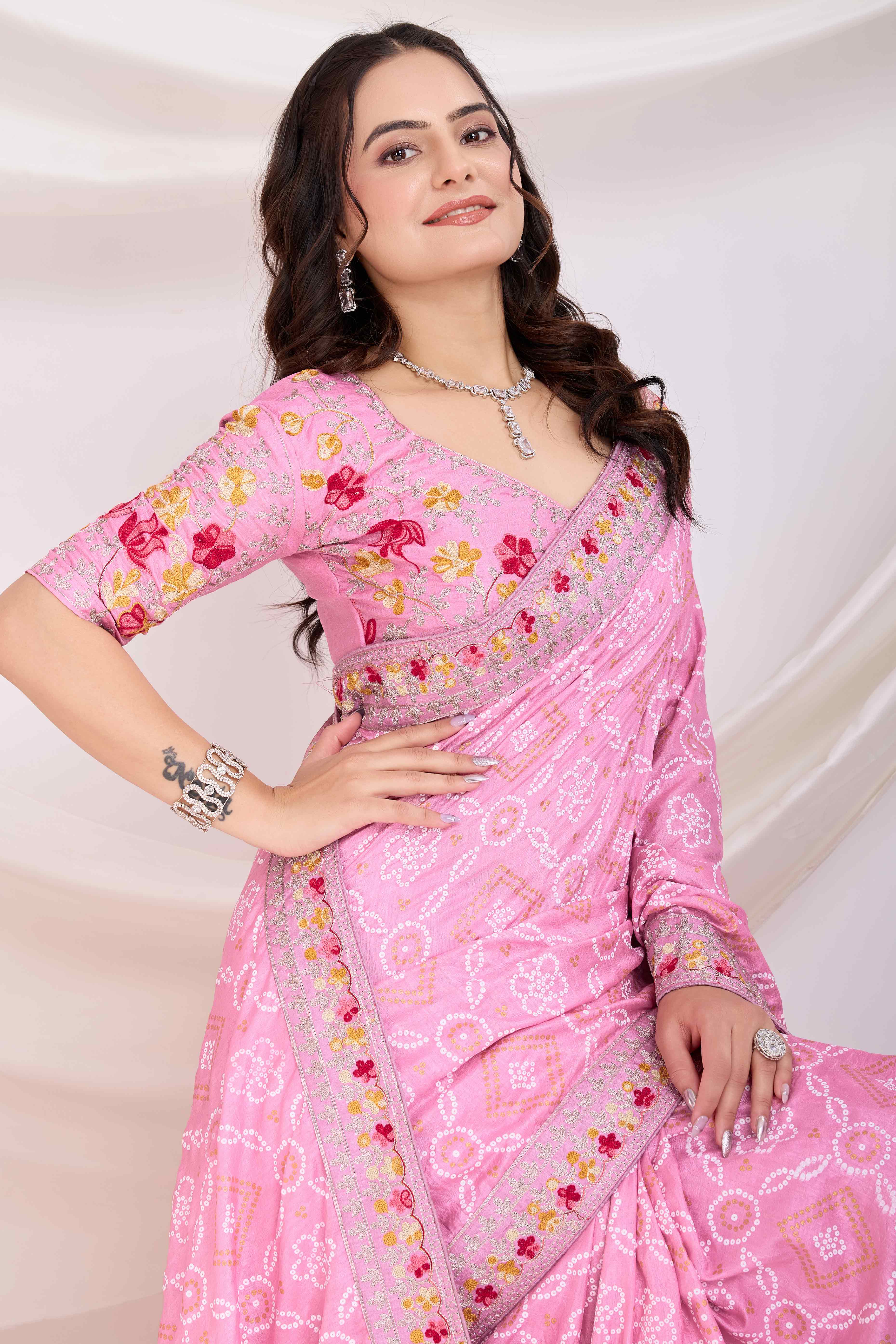 Pink Bandhani Printed Vichitra Silk Saree With Embroidery Border