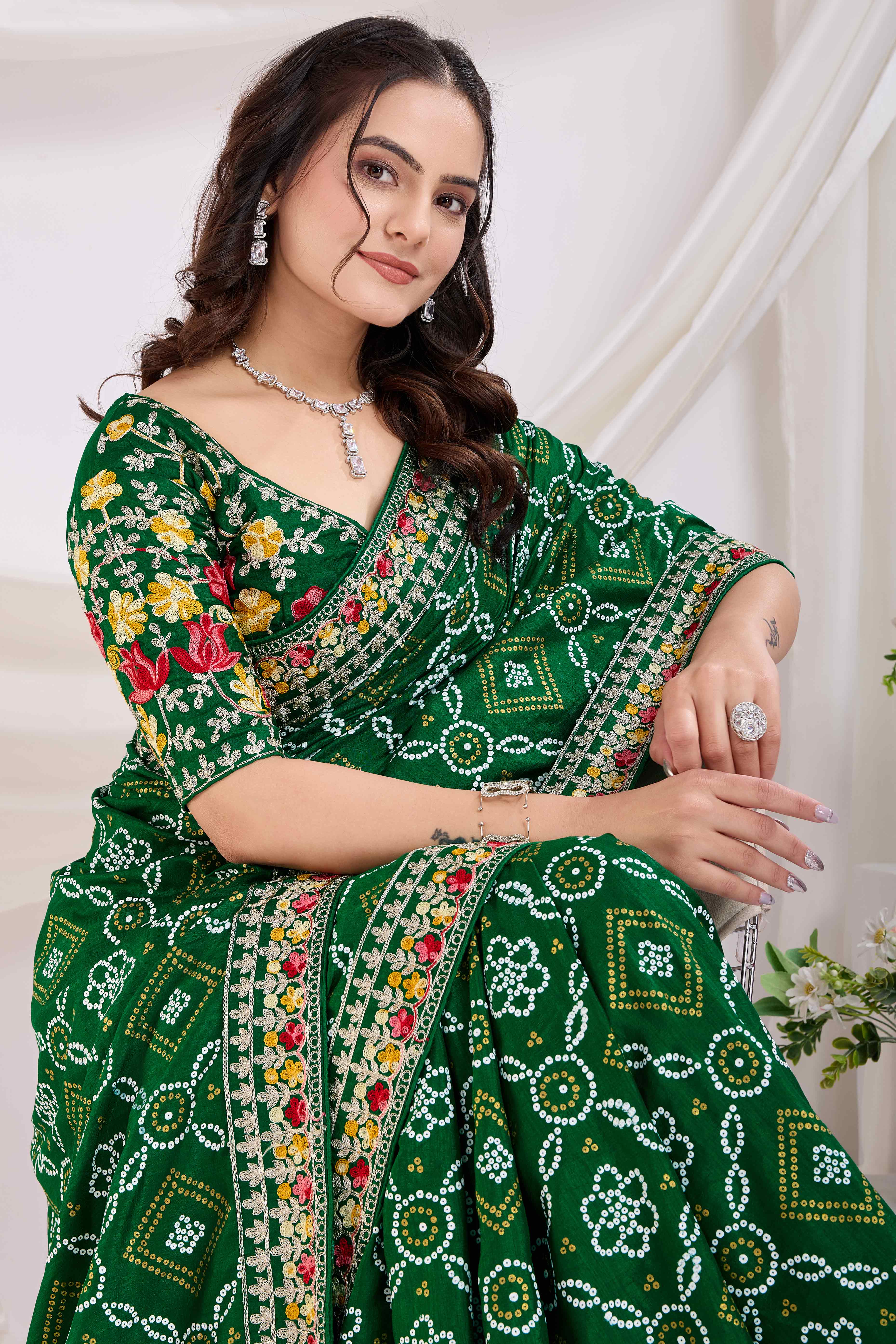 Green Bandhani Printed Vichitra Silk Saree With Embroidery Border