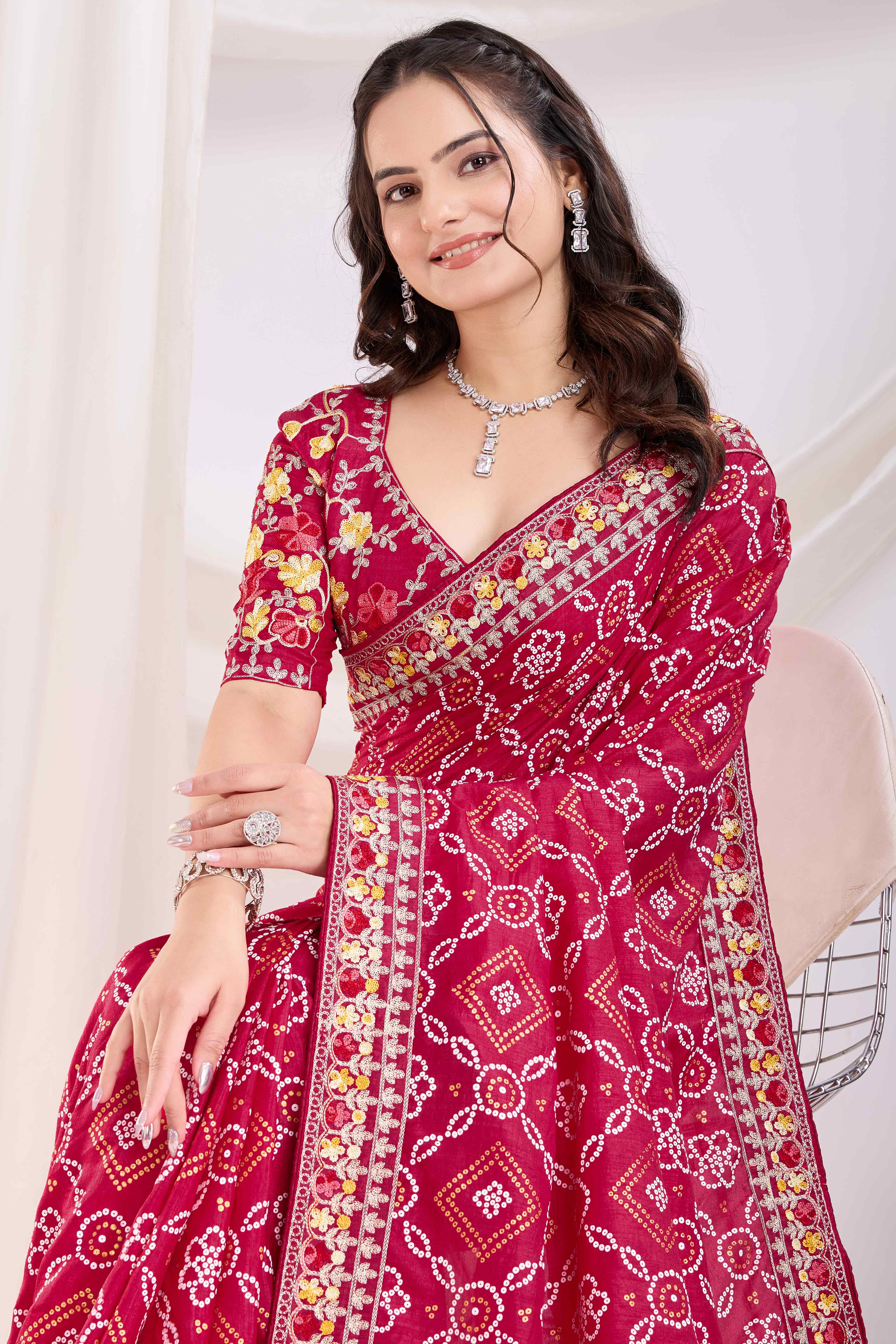 Cherry Red Bandhani Printed Vichitra Silk Saree With Embroidery Border