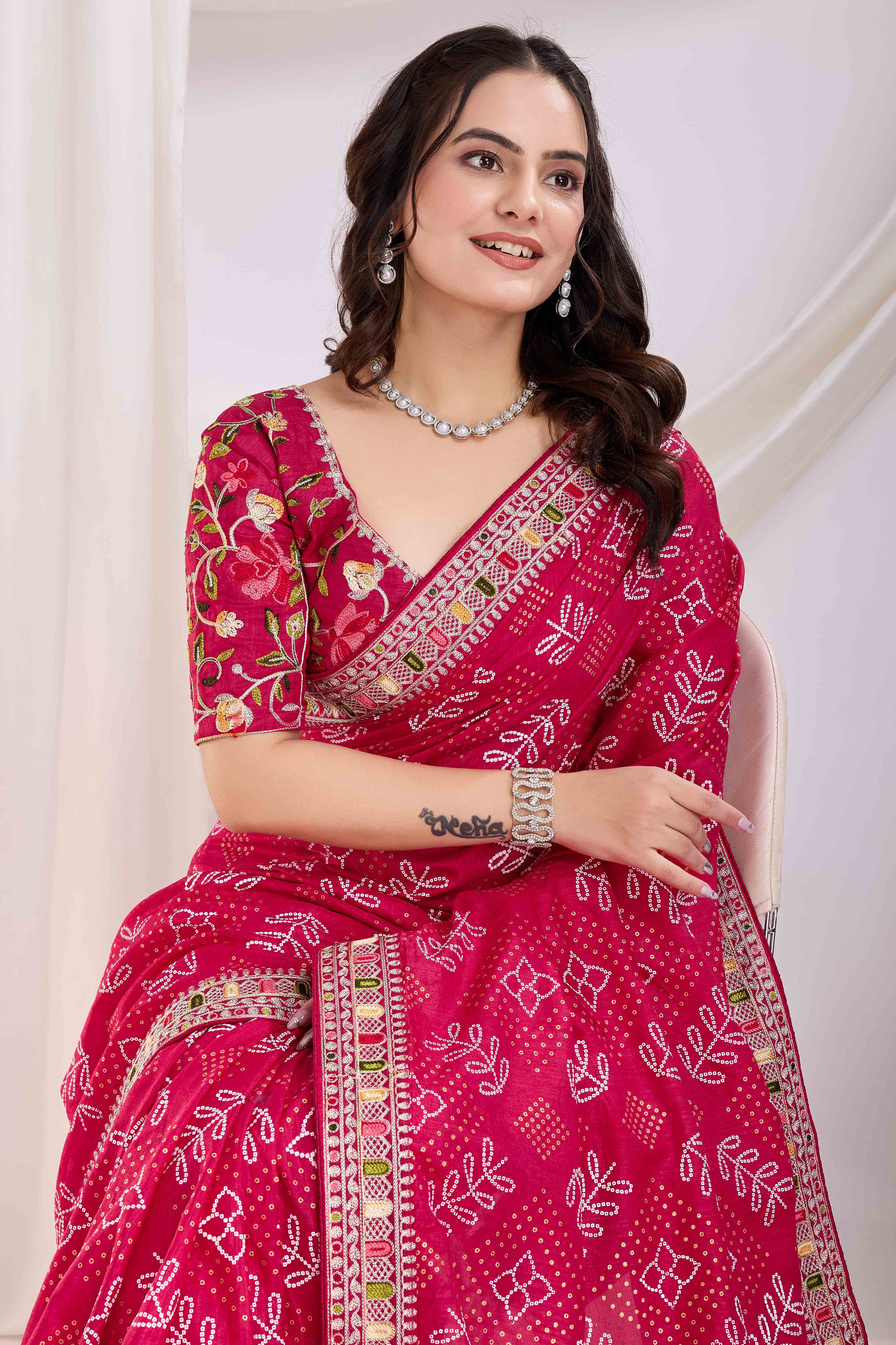 Rani Pink Bandhani Printed With Embroidered Border Vichitra Silk Saree