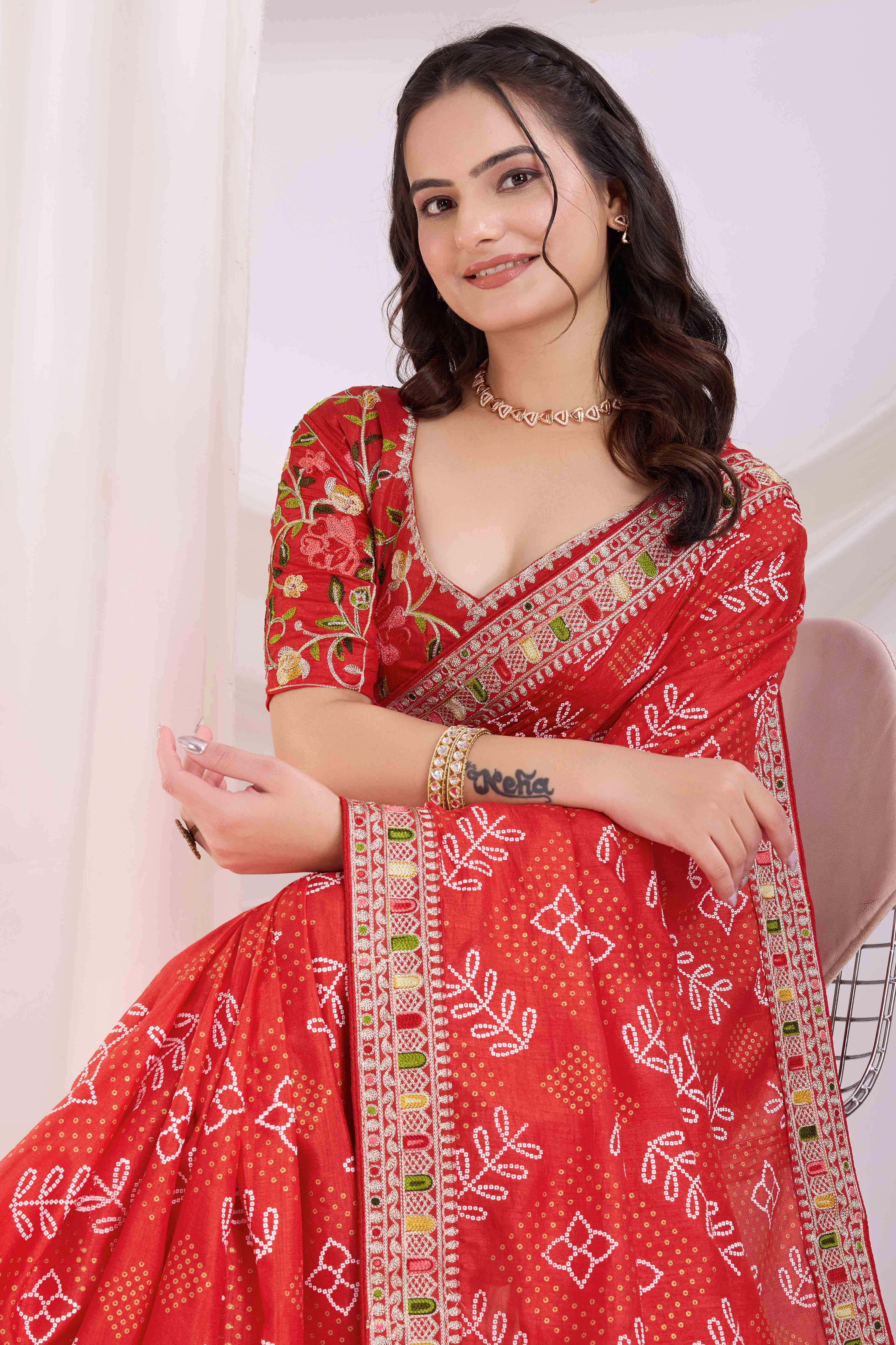 Red Bandhani Printed With Embroidered Border Vichitra Silk Saree