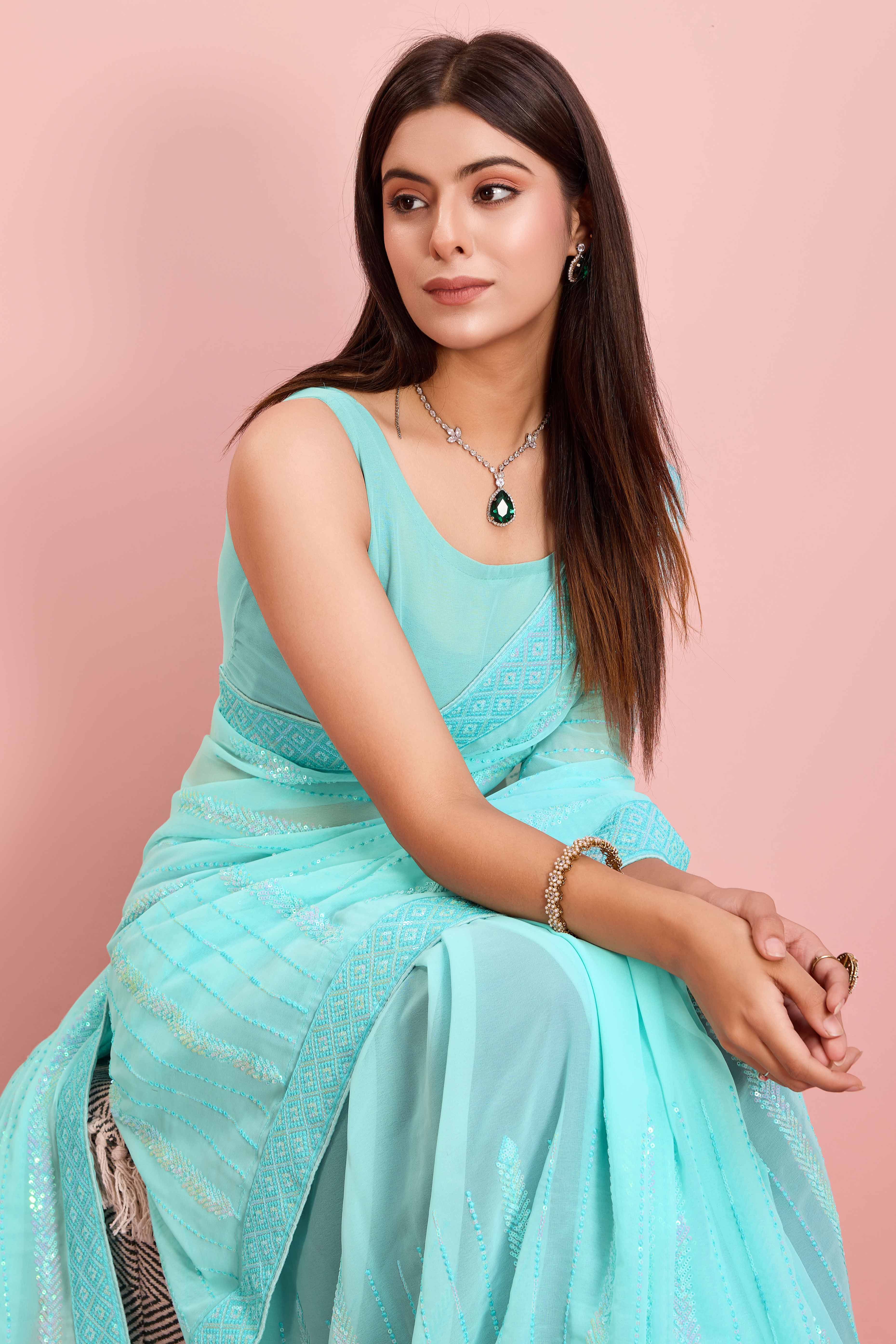 Blue Sequins Embroidered Georgette Saree