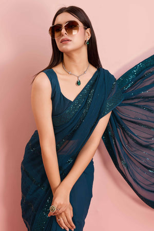 Morpich Blue Sequins Embroidered Georgette Saree