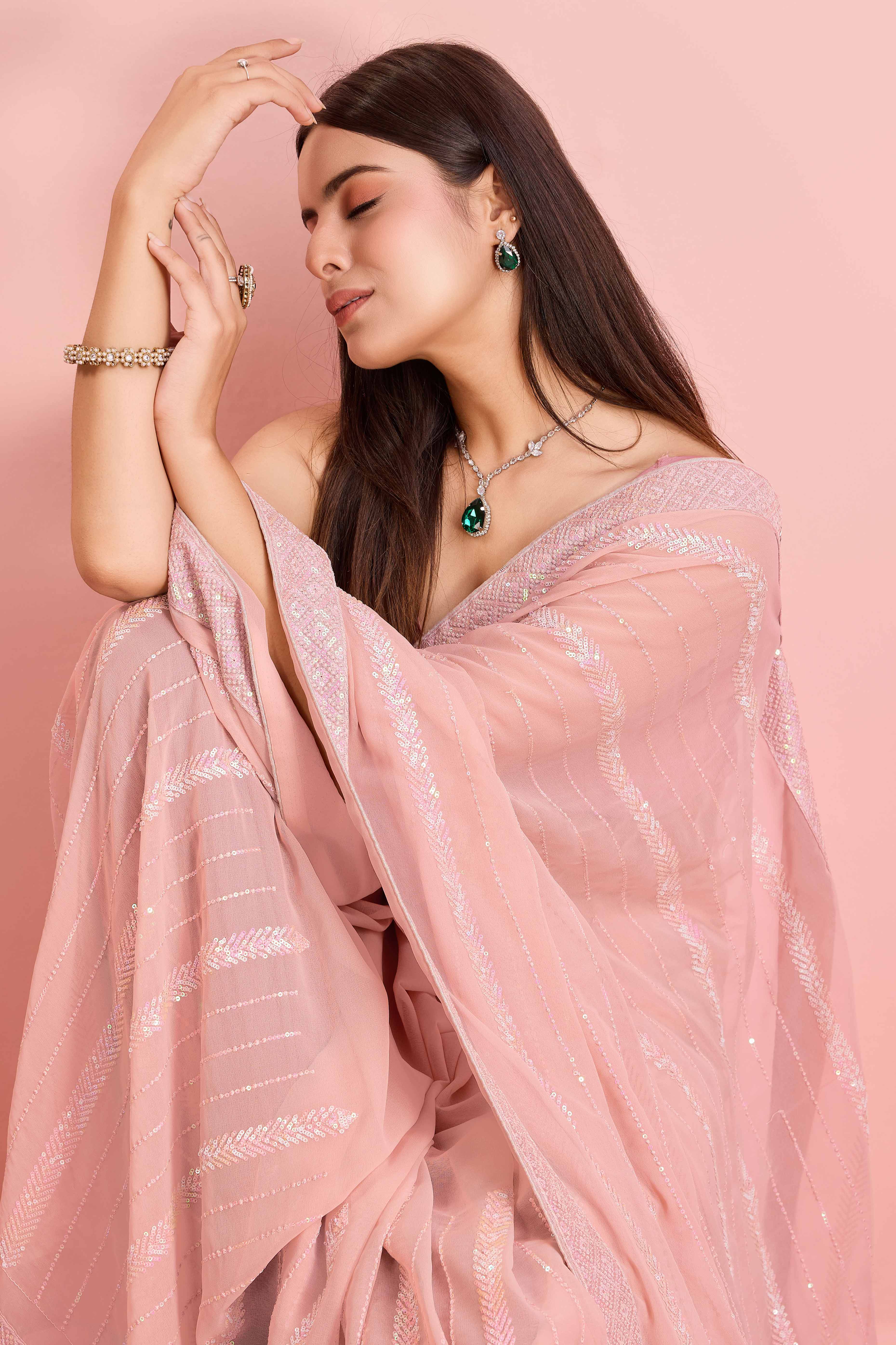 Peach Sequins Embroidered Georgette Saree