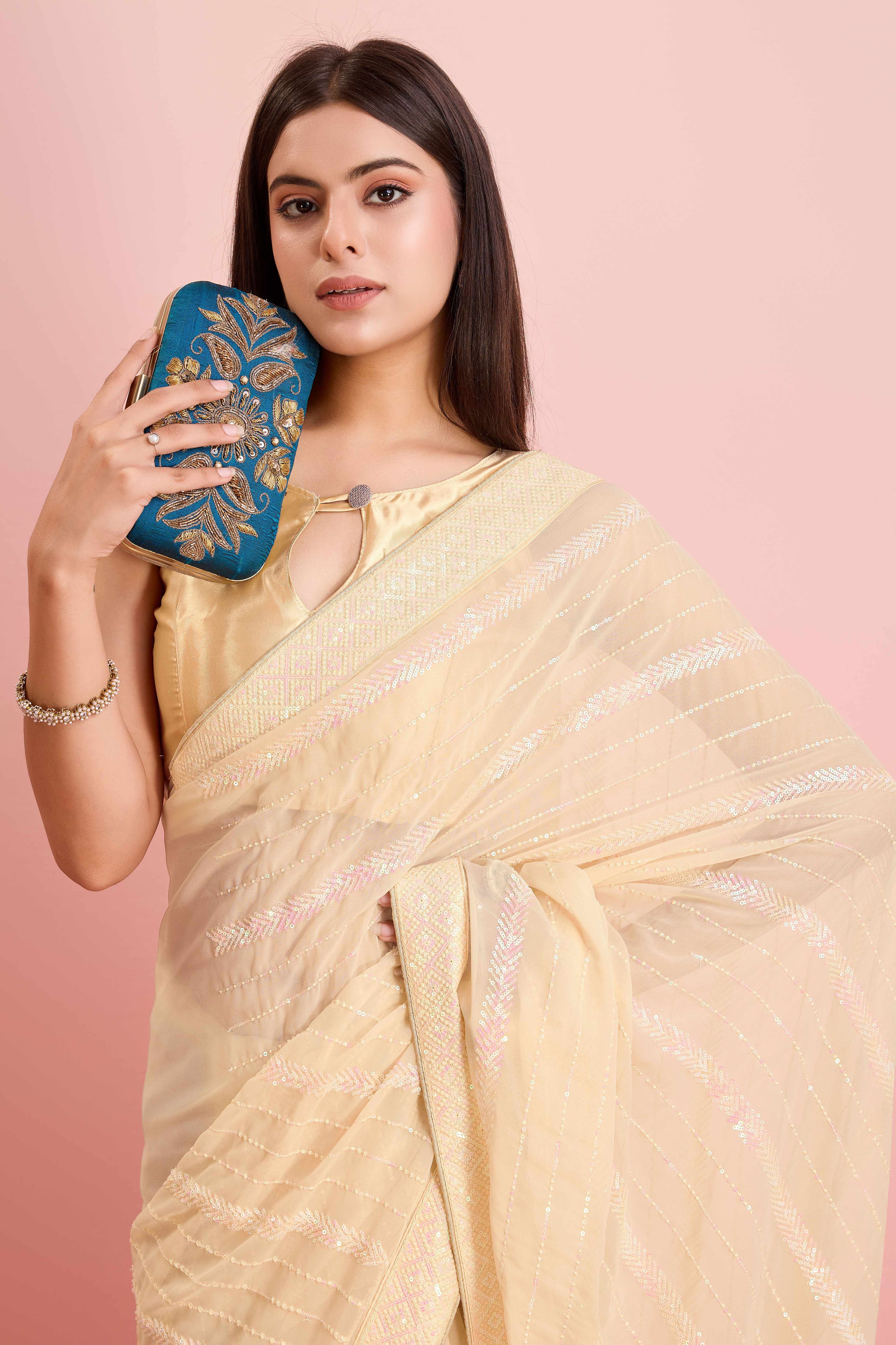 Cream Sequins Embroidered Georgette Saree