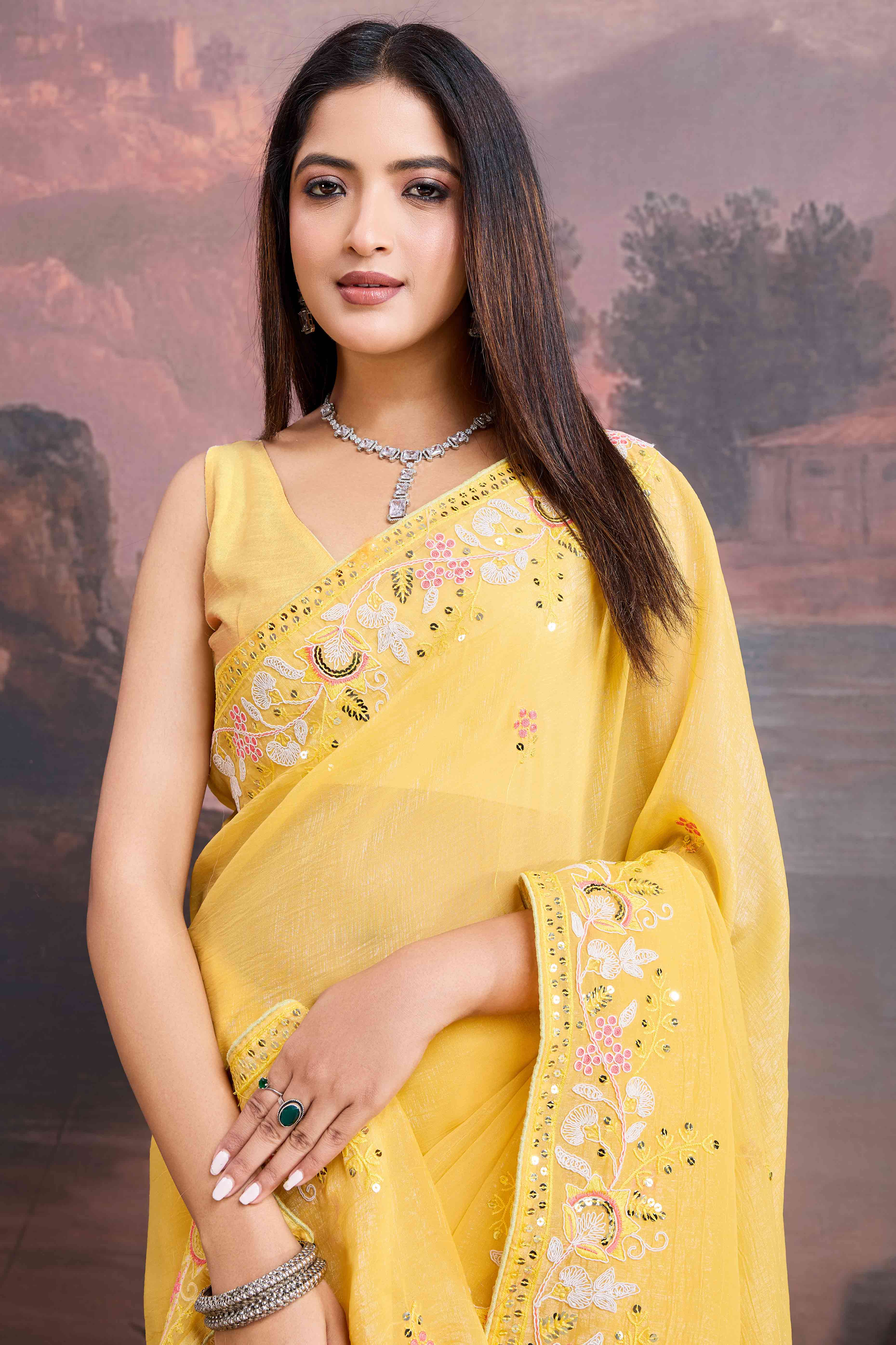 Yellow Floral Sequins Embroidered Organza Saree