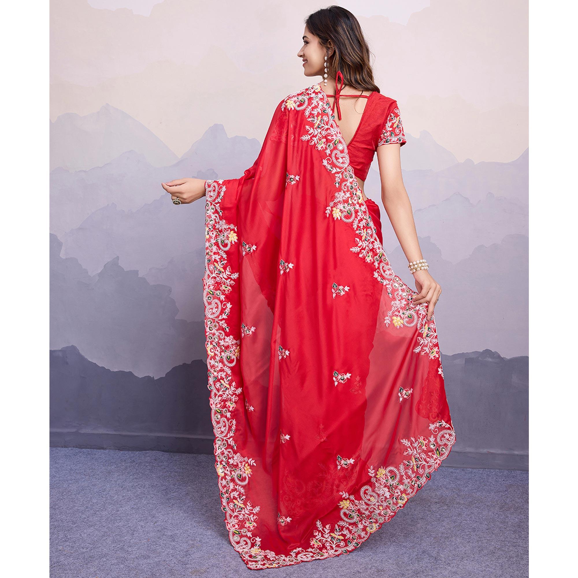 Red Floral Sequins Embroidered Art Silk Saree