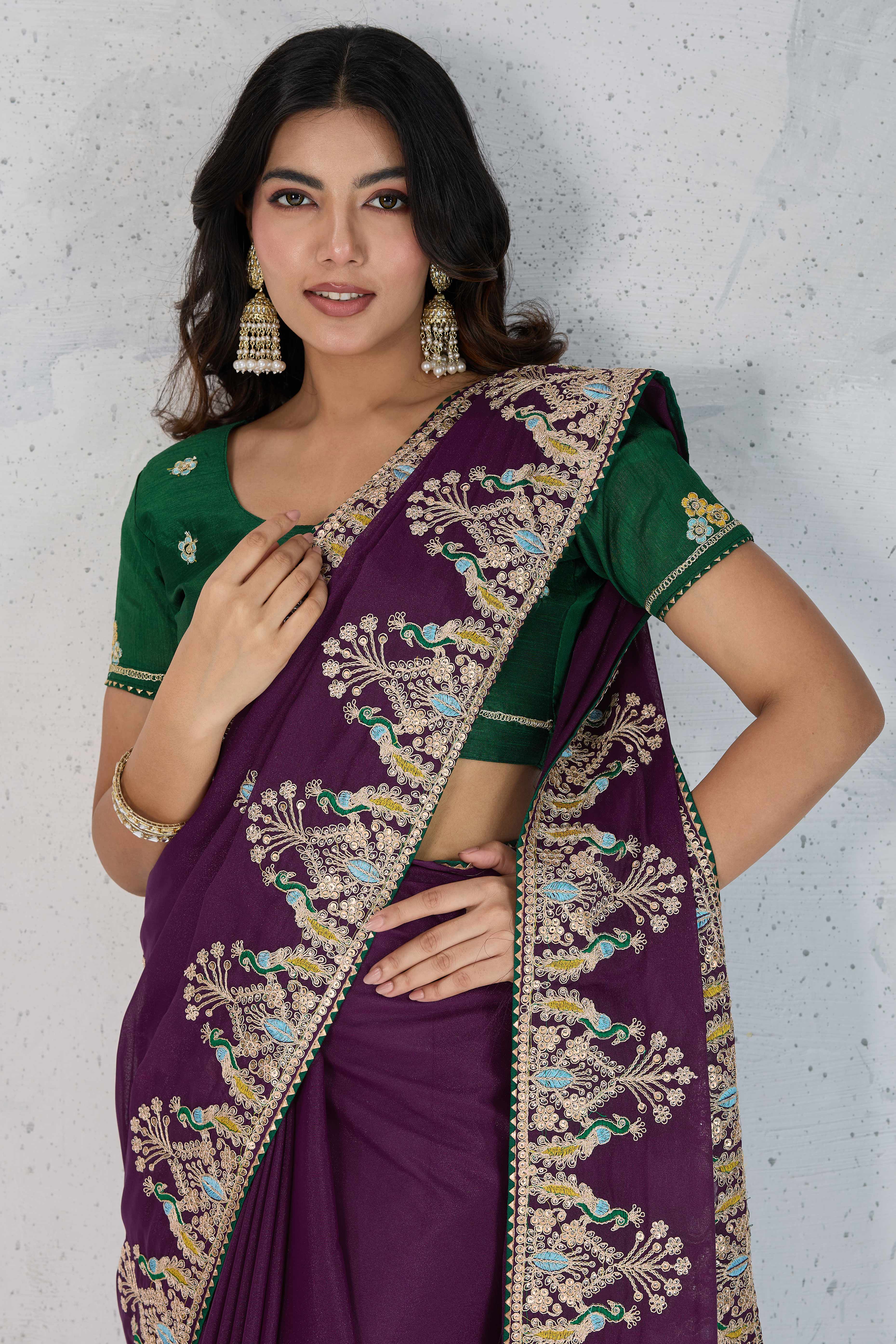 Purple Embroidered Saree with Ethnic Detailing in Georgette Fabric