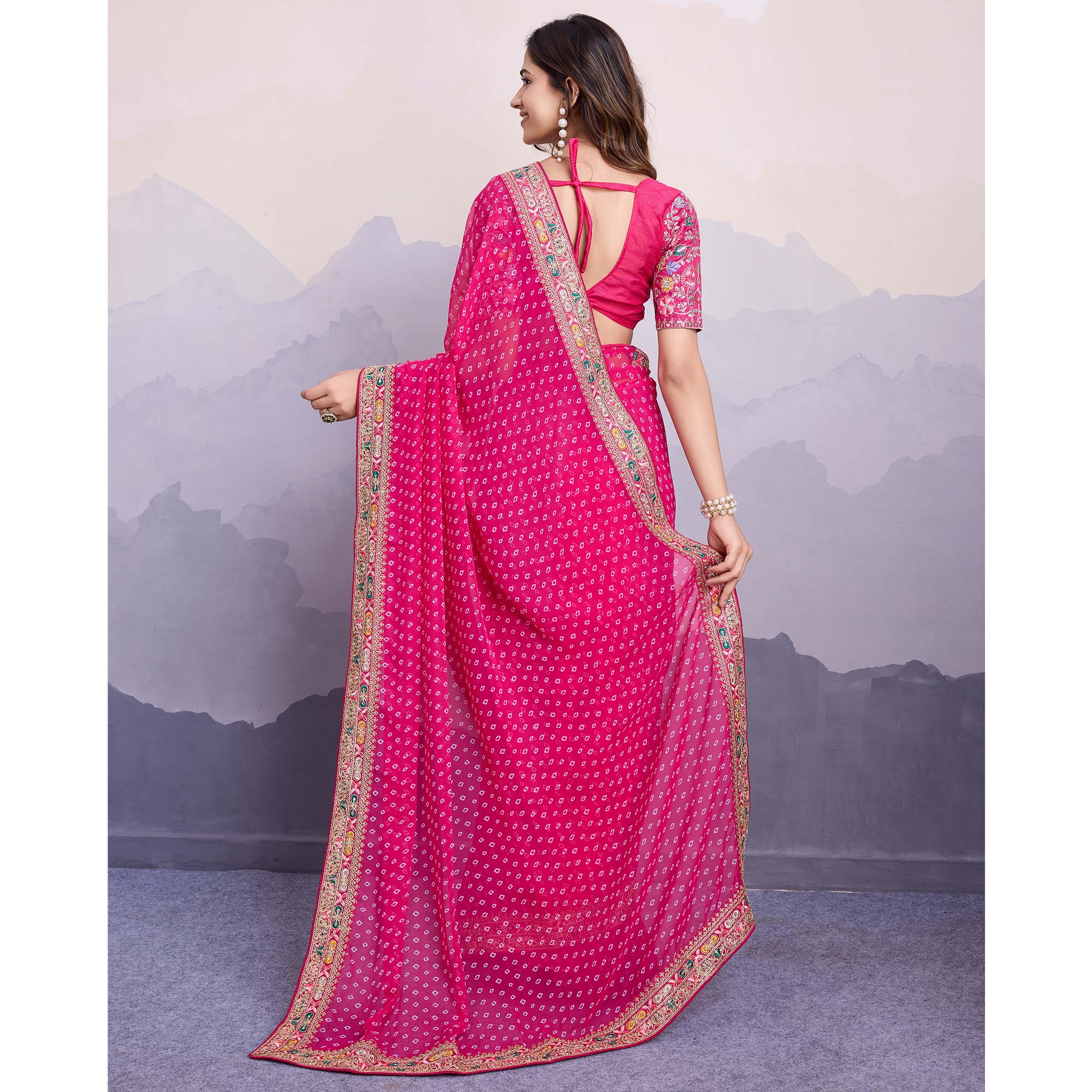 Rani Pink Bandhani Printed Georgette Saree With Embroidered Lace Border