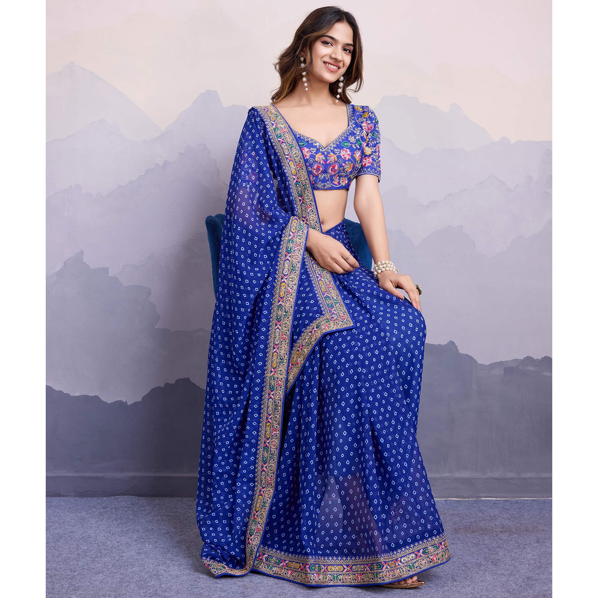 Blue Bandhani Printed Georgette Saree With Embroidered Lace Border