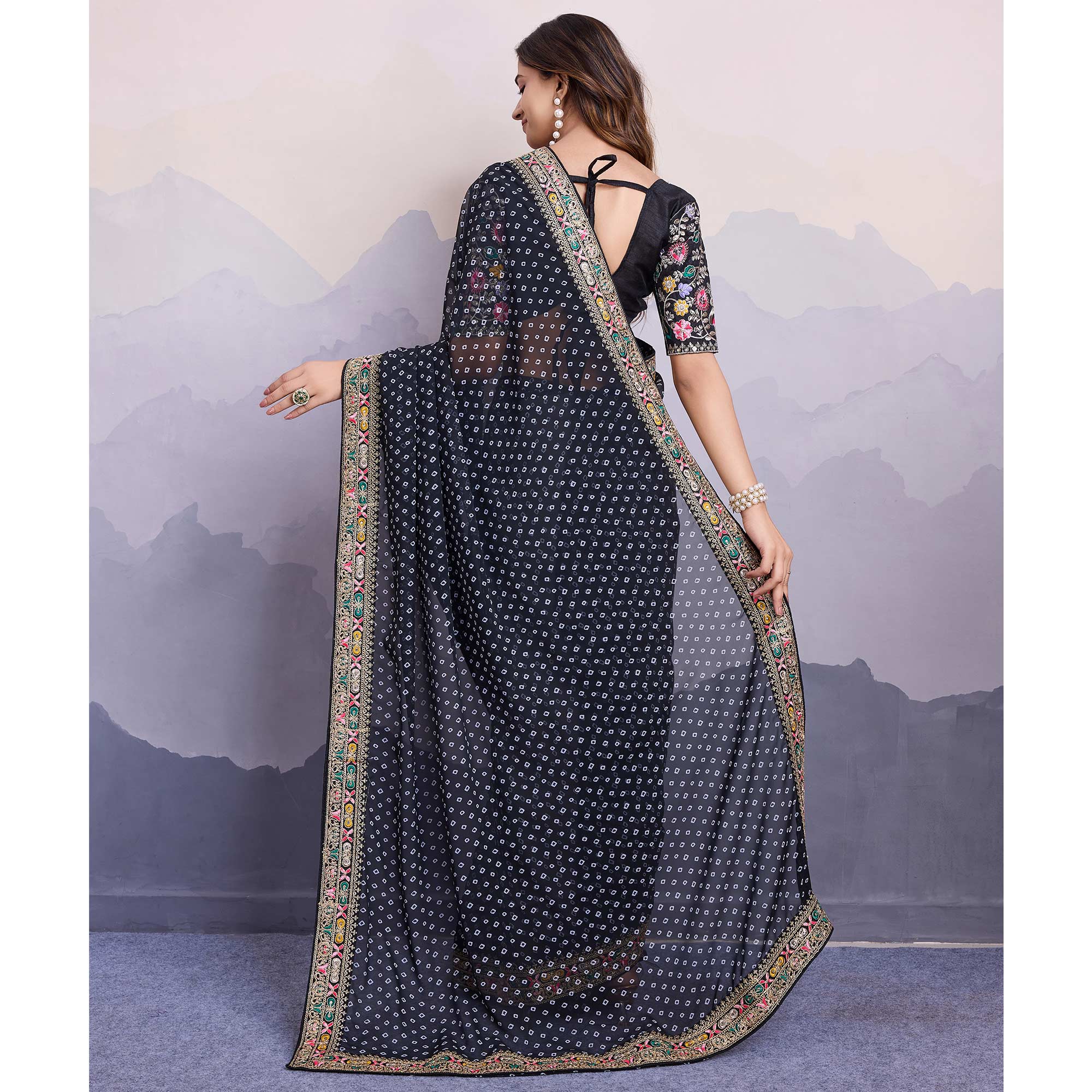 Black Bandhani Printed Georgette Saree With Embroidered Lace Border