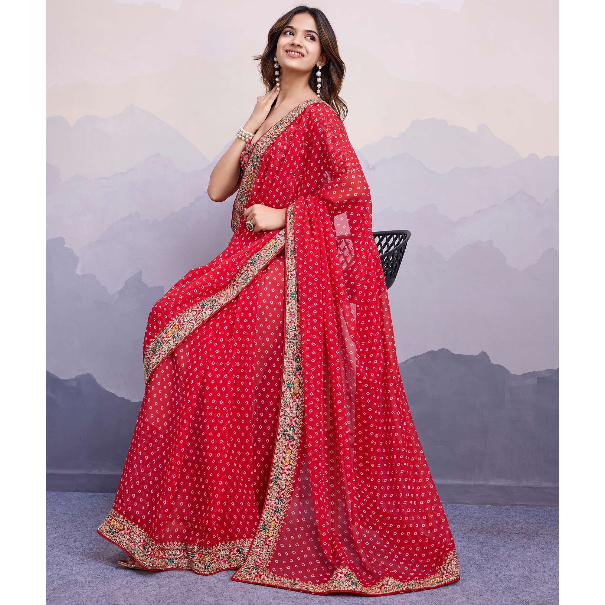 Red Bandhani Printed Georgette Saree With Embroidered Lace Border