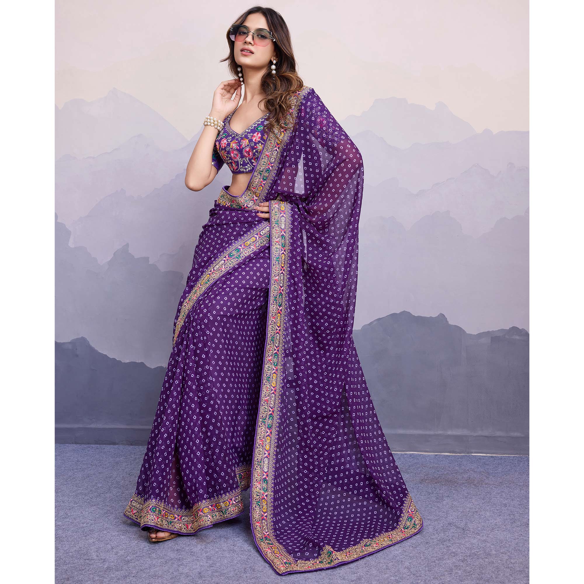 Purple Bandhani Printed Georgette Saree With Embroidered Lace Border