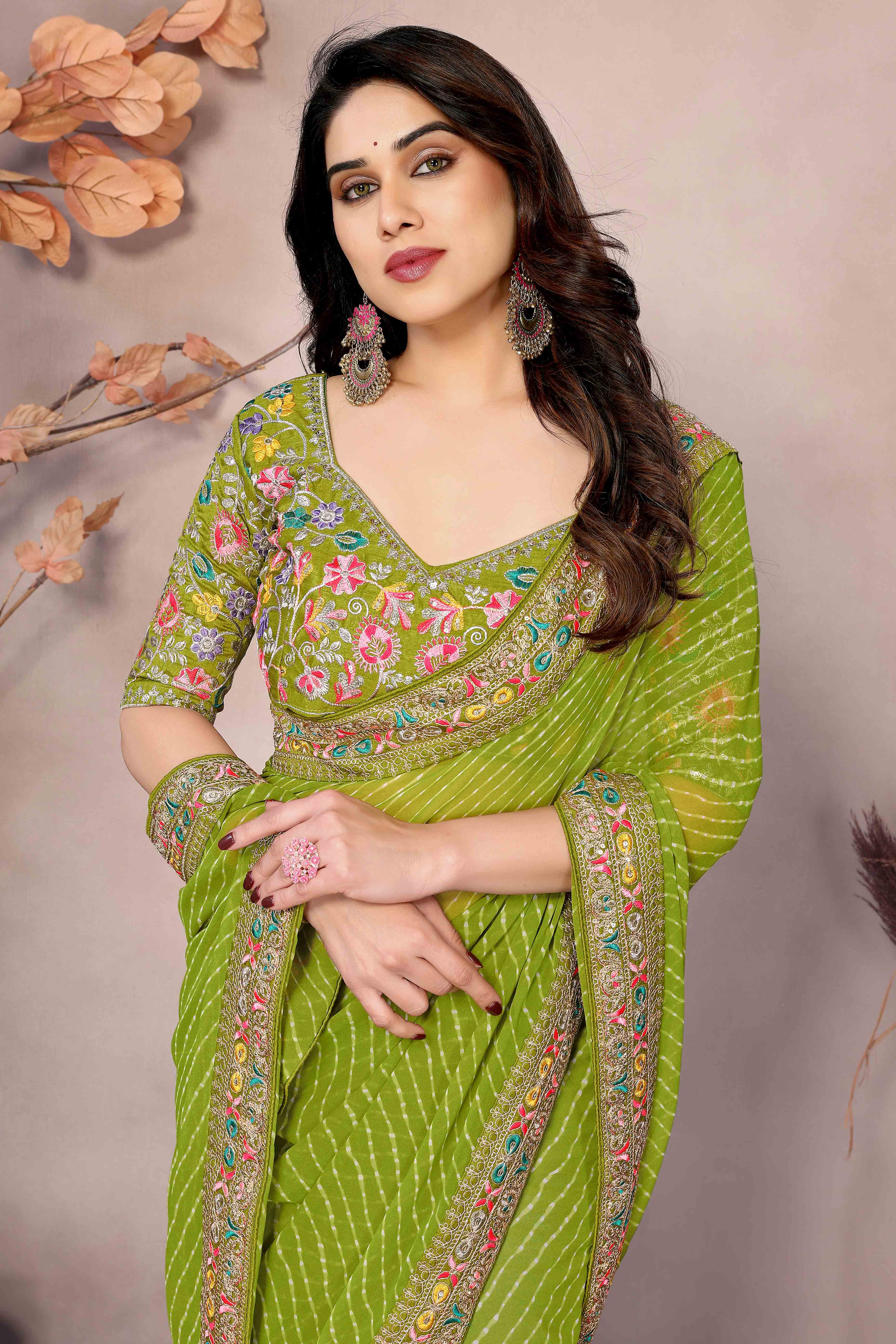 Green Striped Printed Georgette Saree With Glittering Sequin Cording Embroidered Border