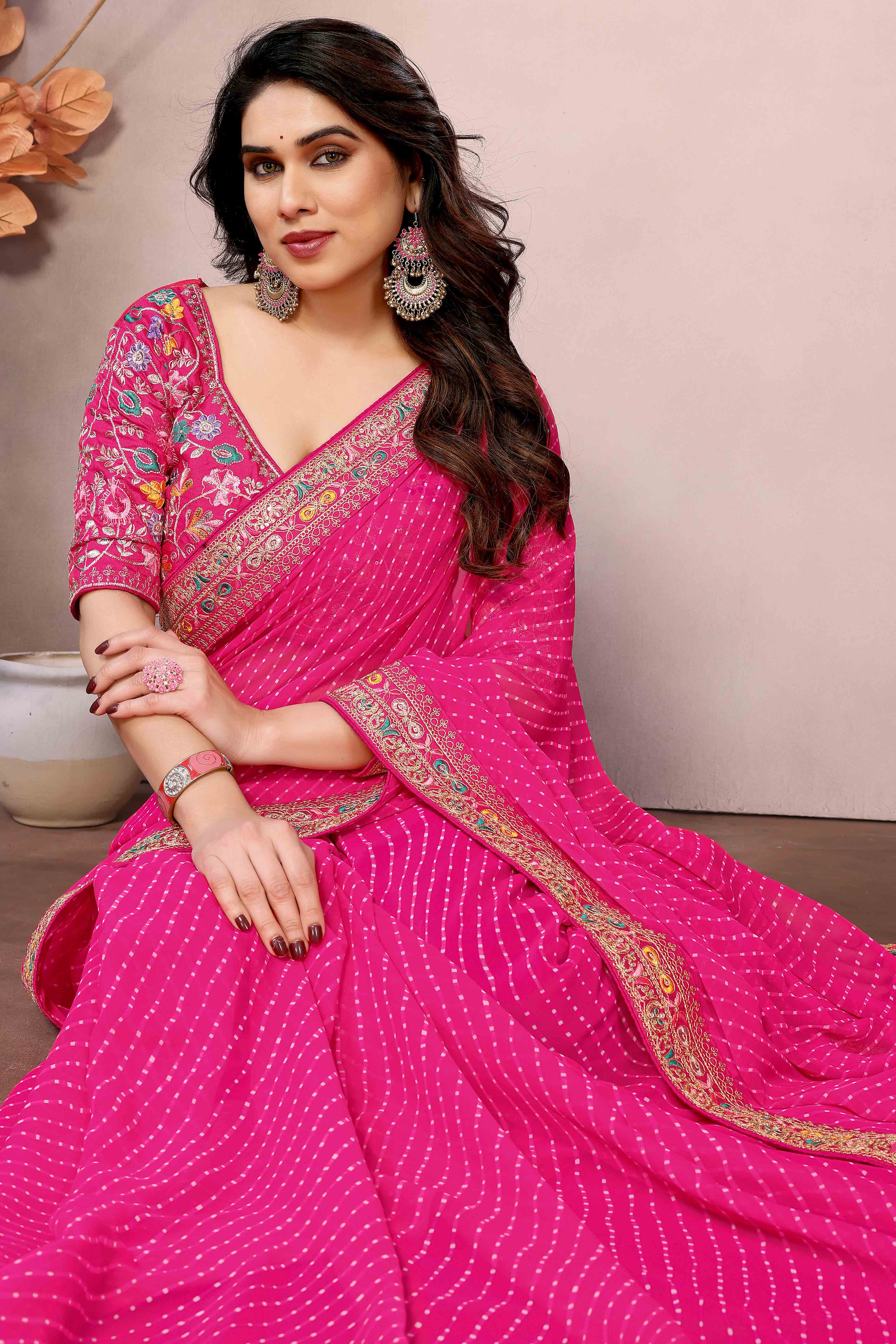 Pink Striped Printed Georgette Saree With Glittering Sequin Cording Embroidered Border