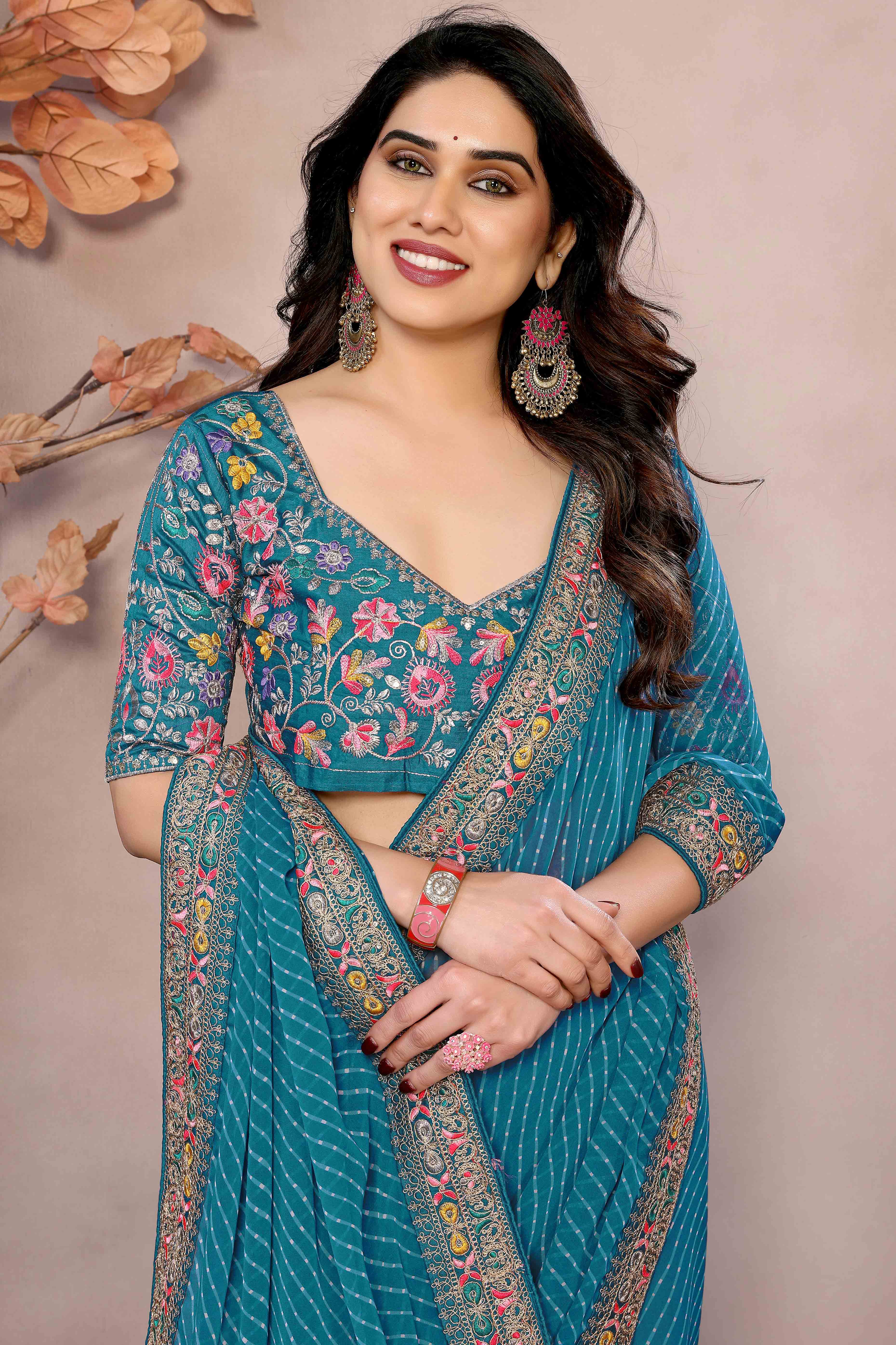 Blue Striped Printed Georgette Saree With Glittering Sequin Cording Embroidered Border