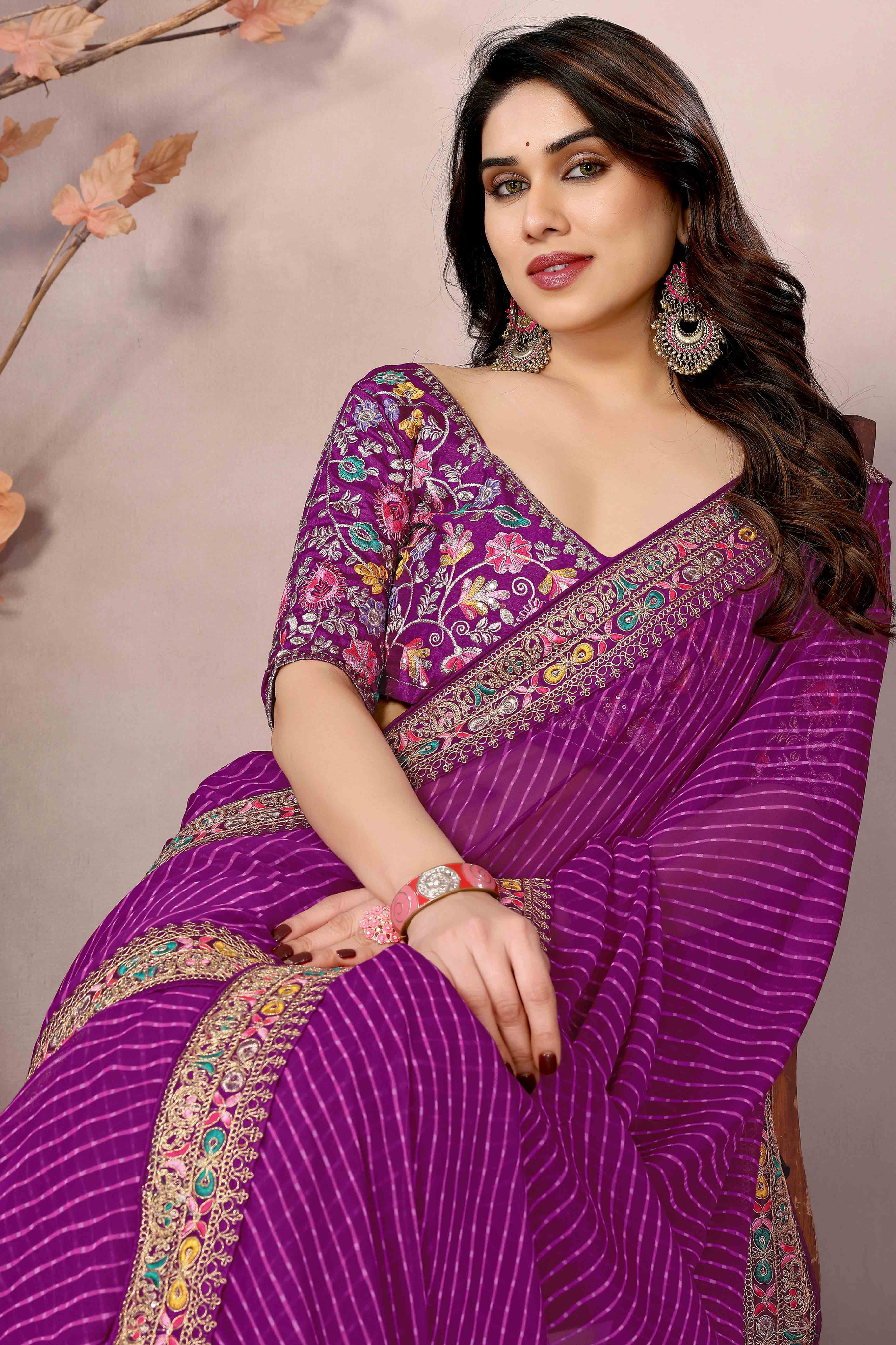 Purple Striped Printed Georgette Saree With Glittering Sequin Cording Embroidered Border