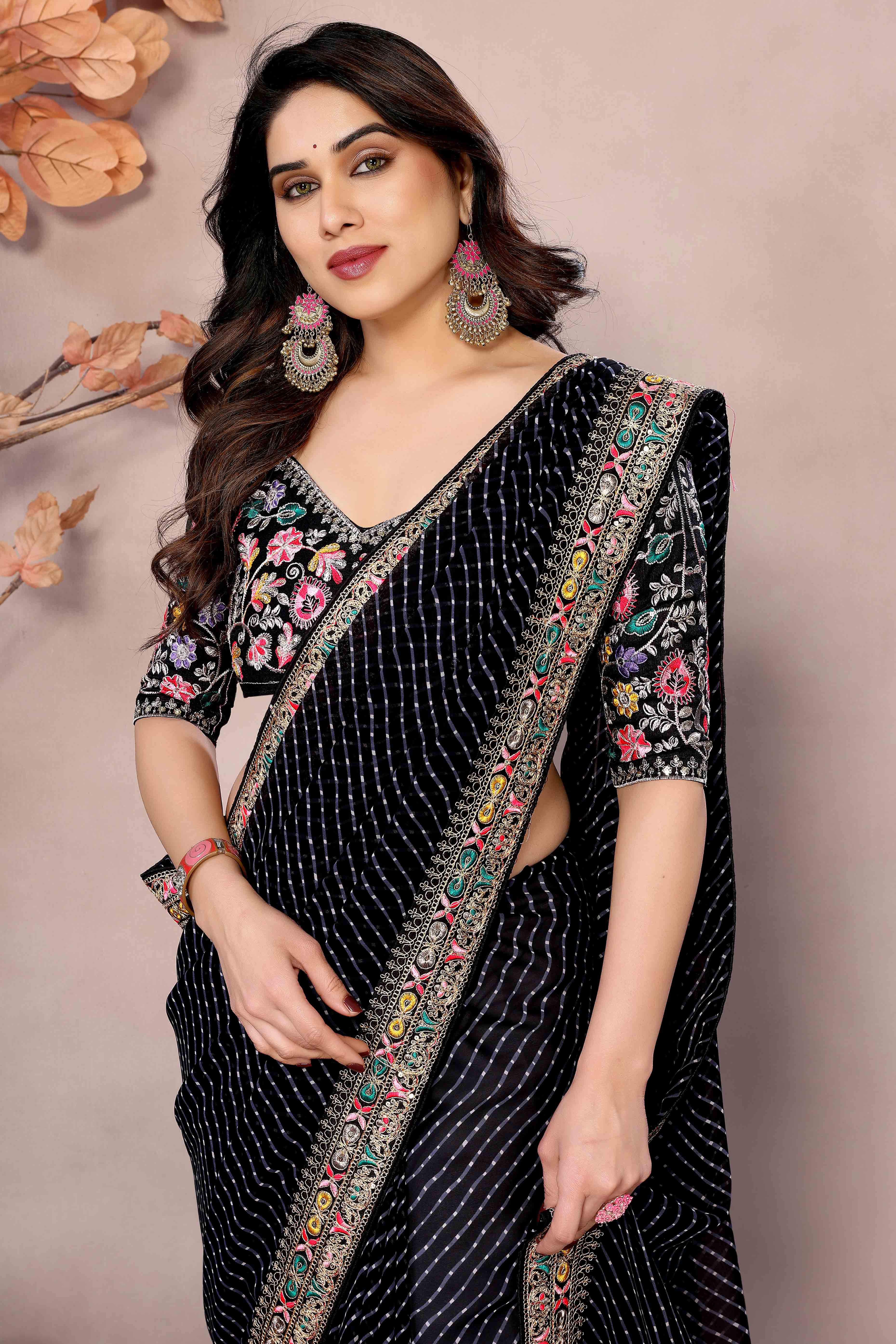 Black Striped Printed Georgette Saree With Glittering Sequin Cording Embroidered Border