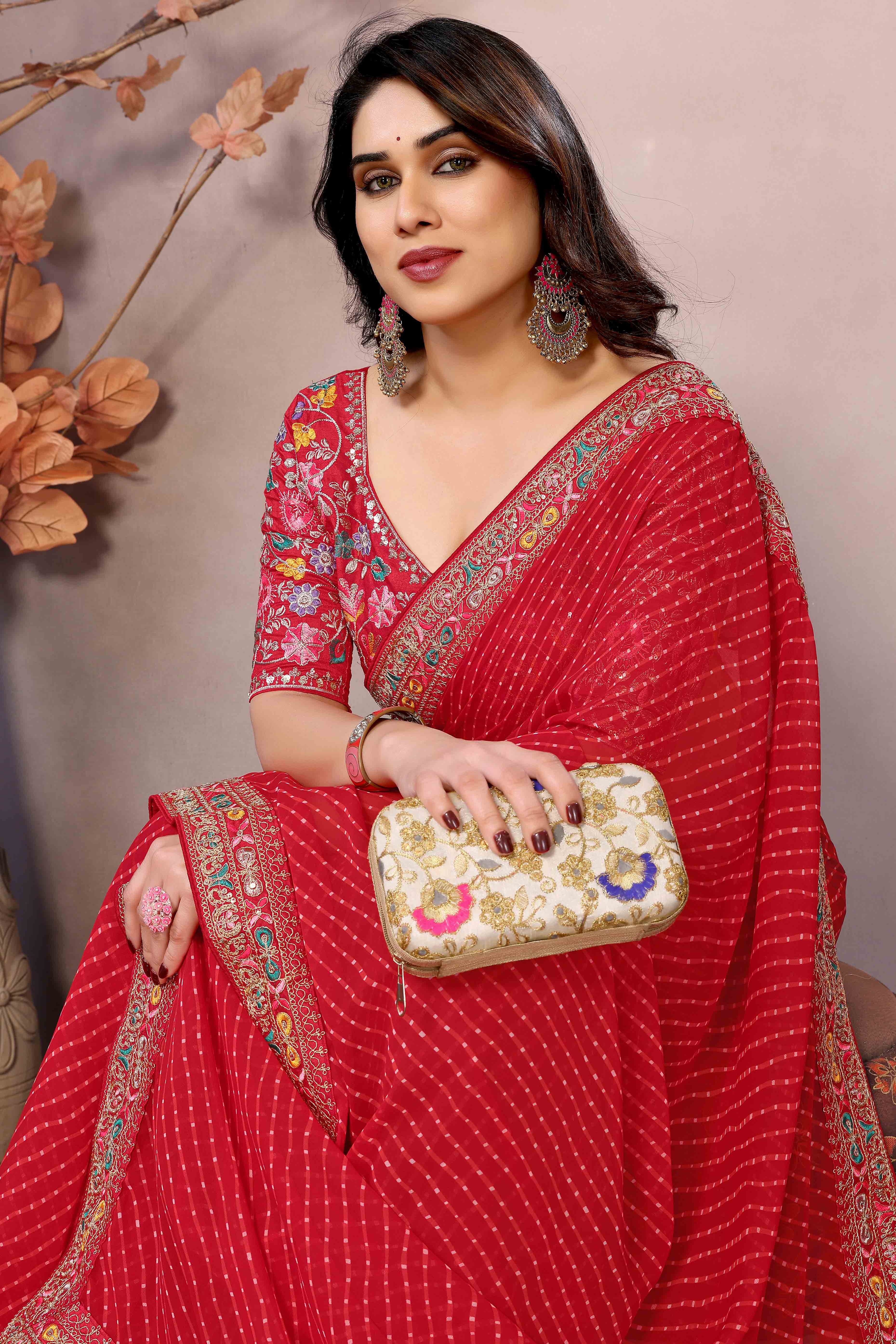 Red Striped Printed Georgette Saree With Glittering Sequin Cording Embroidered Border