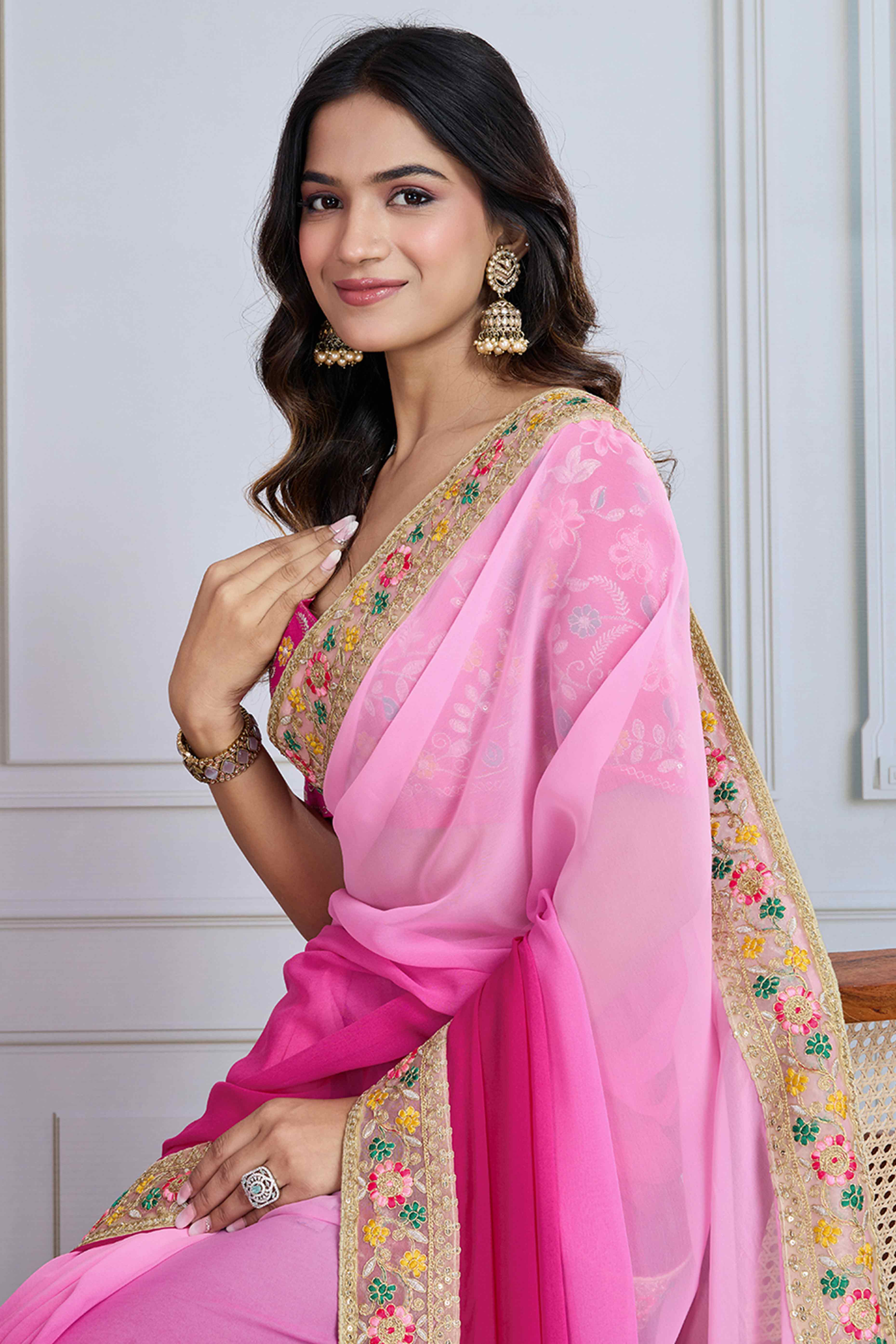 Pink To Magenta Georgette Ombre Saree With Intricate Floral Cording Embroidery & Sequin Detailing