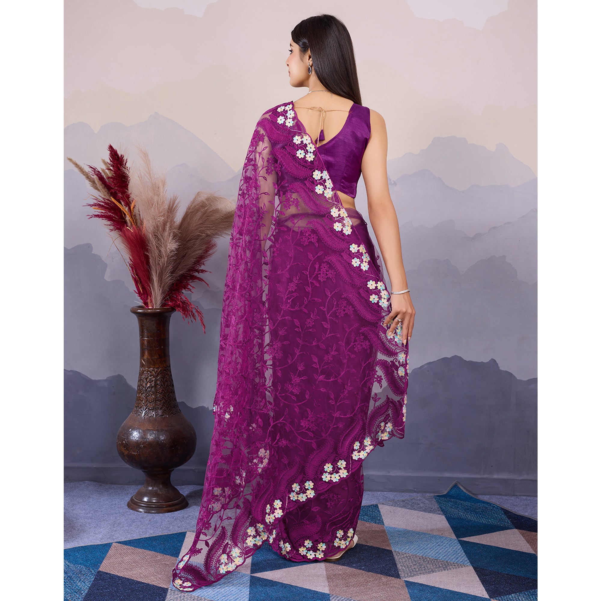 Purple Floral Thread Embroidered Net Saree